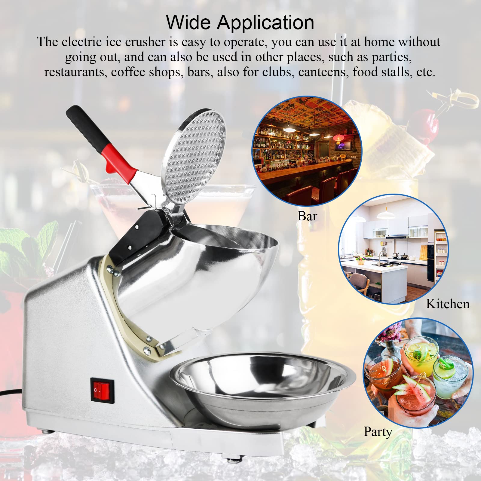 Electric Ice Crusher Machine 110V - 300W Dual Blade Ice Shaver with Bowl & Cover - 80kg/Hour Snow Cone Maker for Home & Commercial Use - Perfect for Margaritas, Smoothies, Cocktail Bars & Party Drinks (Silver)