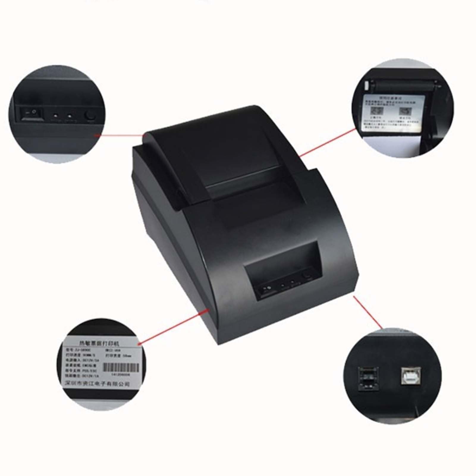 Kufoo 58mm Thermal Receipt Printer - 100-240V Low Power Consumption POS Printer with USB Port for Retail, Restaurant & Business Use (EU Plug)
