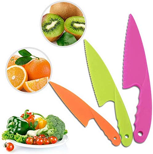 3-Piece Kids Safe Nylon Kitchen Knife Set - Toddler Plastic Cooking Knives for Cutting Fruits, Vegetables, Bread & Salad | Perfect for Little Chefs, Montessori Learning & Family Cooking Activities