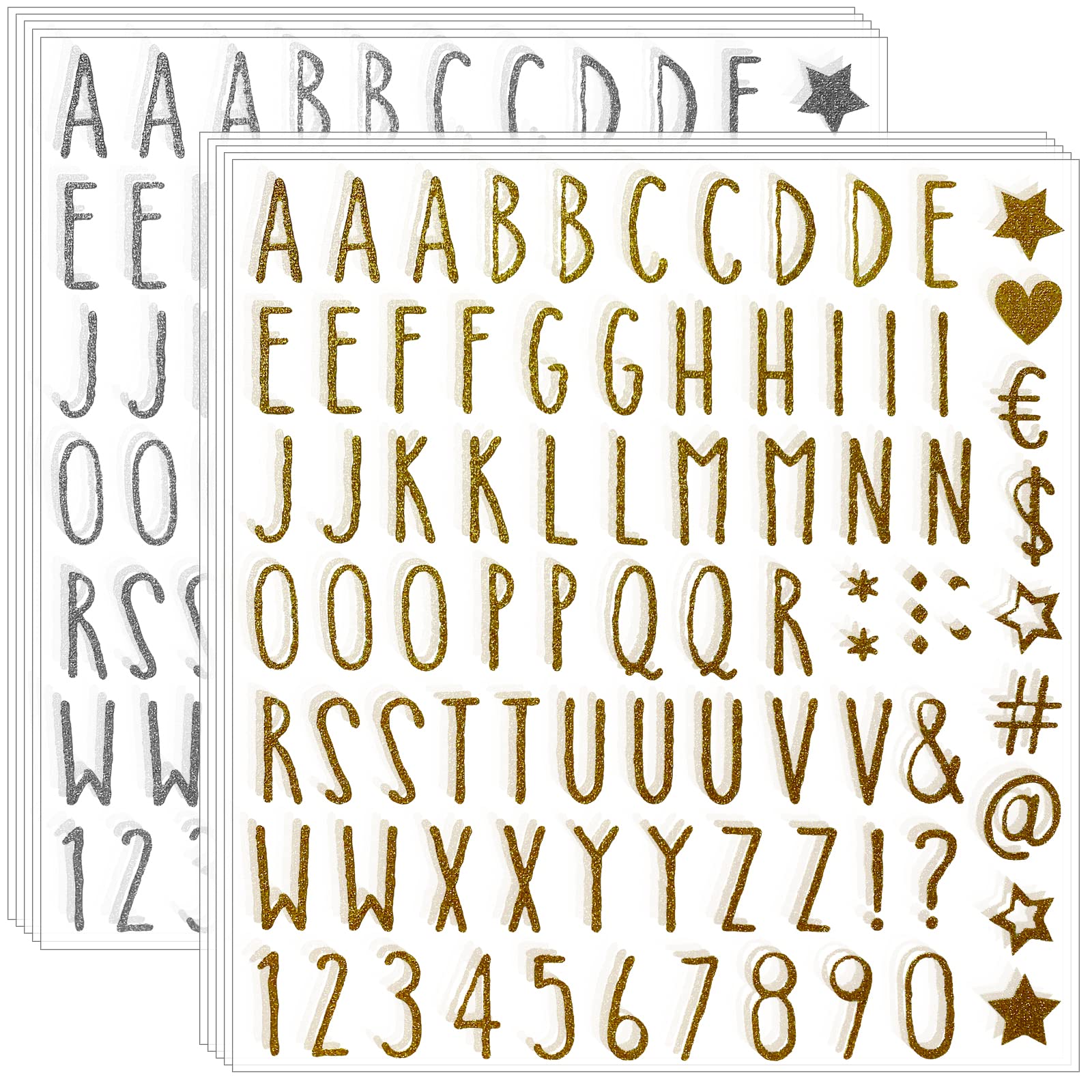 800 Pcs Glitter Alphabet & Number Stickers - Self-Adhesive Gold & Silver Letter Decals for DIY Crafts, Graduation Cap Decor, Classroom Bulletin Boards, Business Signs, Home Address Markers - 10 Sheets with A-Z Letters & 0-9 Numbers