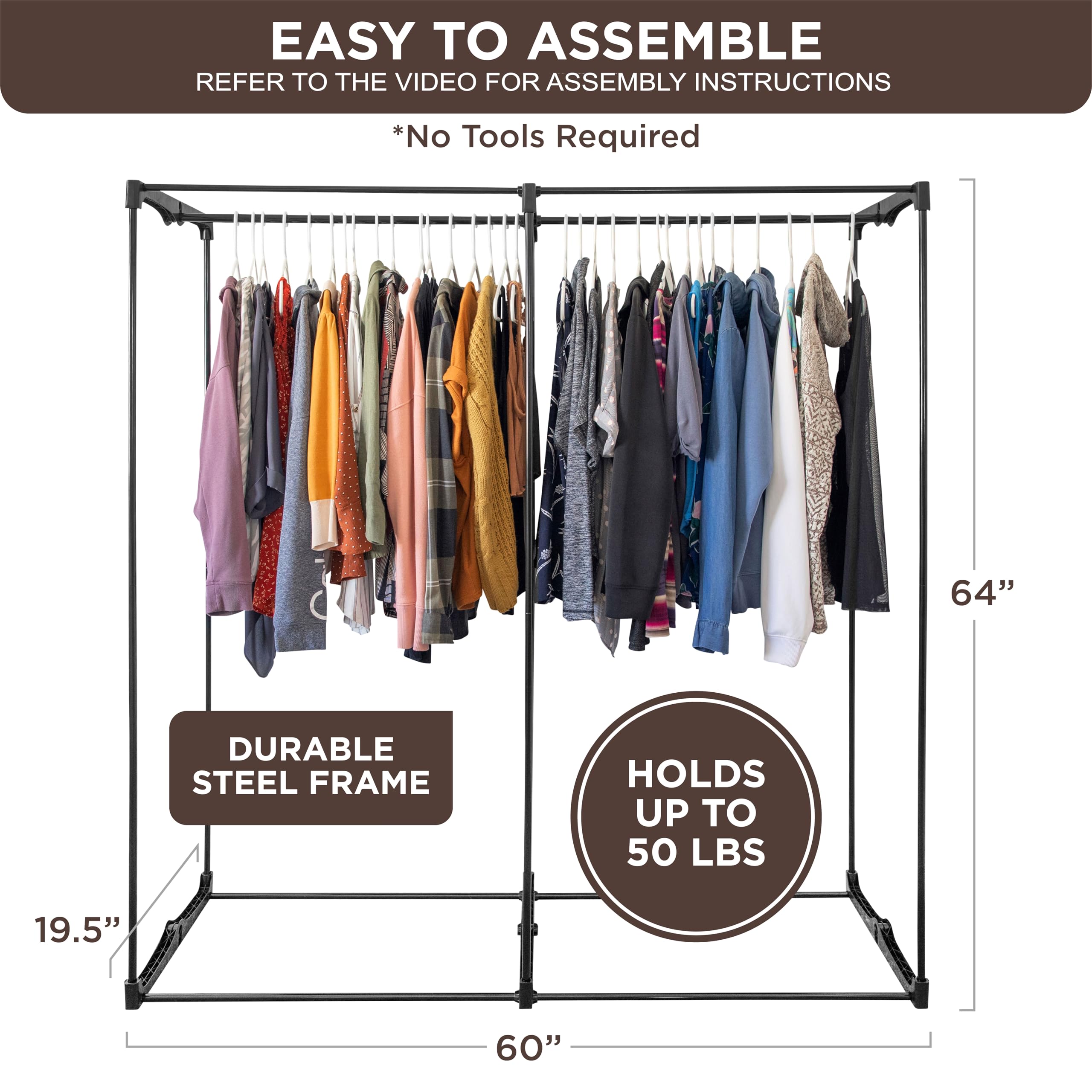 Premium Heavy Duty Portable Wardrobe Closet with Metal Hanging Rod & Brown Cover - 50 LB Weight Capacity - Easy No-Tool Assembly for Travel, Camping & Temporary Storage