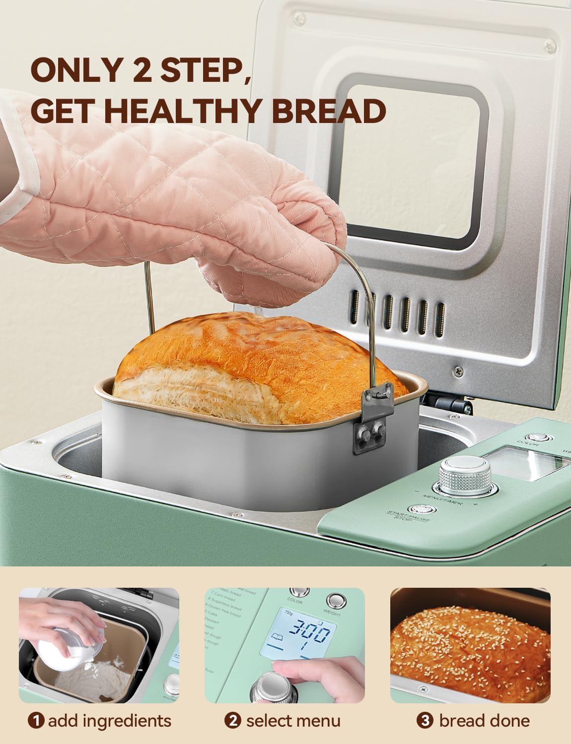 20-in-1 Multi-Function Bread Maker Machine with Dual Heater | 2LB Capacity All-Metal & Nonstick Ceramic Pan | Perfect for Gluten-Free Bread, Dough, Yogurt, Jam & Meat Floss | Compact Home Bakery Appliance for Small Kitchens (Light Green) | Ideal for Family Breakfast, Baking Enthusiasts & Healthy Eating