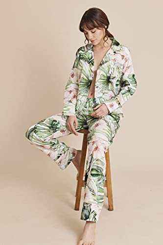 PLUMAS HOME Women's 2-Piece Claudia Pajama Set - Soft Pima Cotton Sleepwear, Lounge Pants & Top Set in Green - Perfect for Relaxing at Home, Sleepovers & Cozy Nights