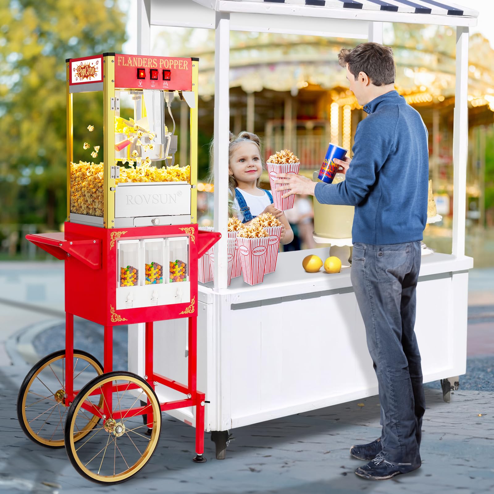 ROVSUN 8oz Commercial Popcorn Machine with Cart & Wheels - 850W Movie Theater Style Popcorn Maker for Home & Business Use, Includes Candy Dispenser, Scoop, Oil Spoon & 3 Popcorn Cups (Red) - Perfect for Movie Nights, Parties, Carnivals and Concession Stands