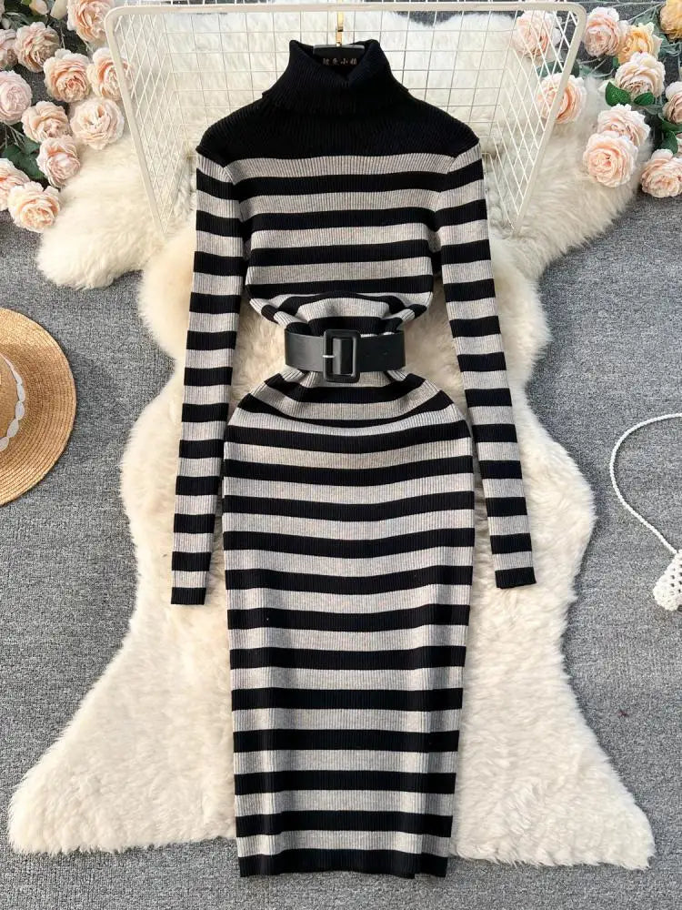 Women's French Style Autumn Winter Patchwork Stripe Knit Long Dress - Medium Length High Neck Warm Loose Slim Sweater Dress for Casual Outings & Holiday Parties