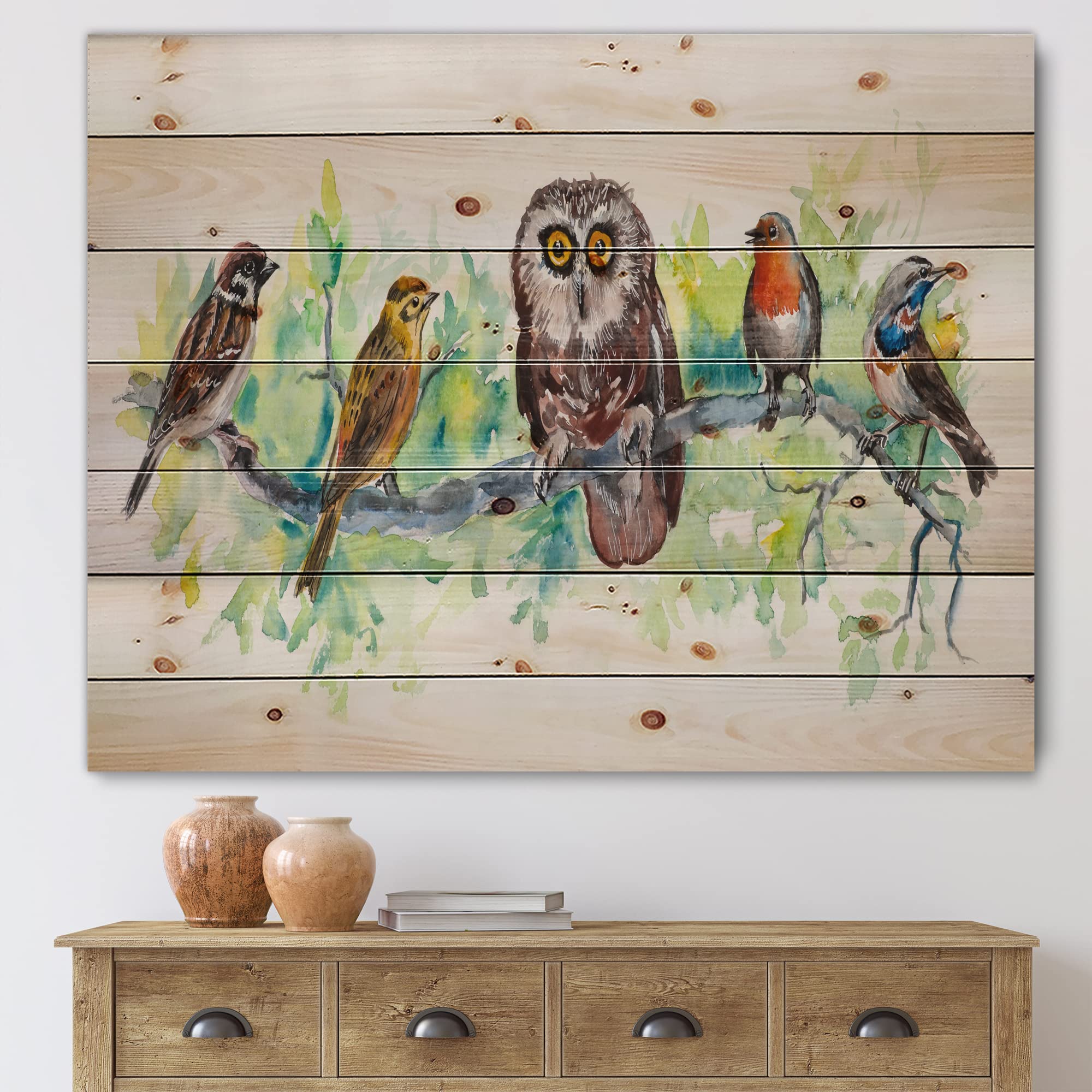 DesignQ Owl on a Branch with Bird Friends - Traditional Wood Wall Decor, Green Wood Wall Art, Large Animal Wood Panels Printed on Natural Pine - Perfect for Living Room, Bedroom & Nursery Decor