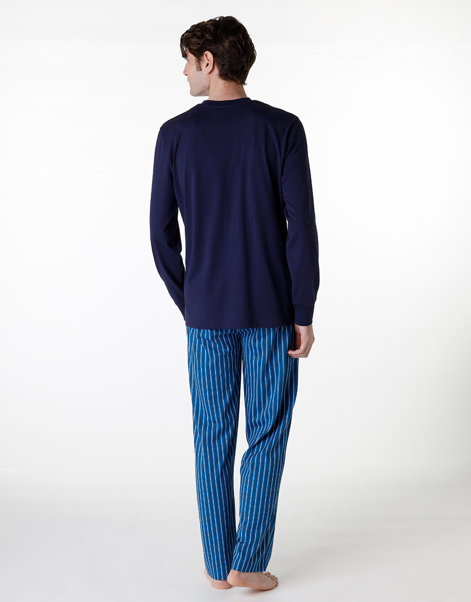 Men's Navy Blue V-Neck Long Sleeve Cotton Pajama Set - Comfortable Sleepwear for Relaxing at Home or Lounging