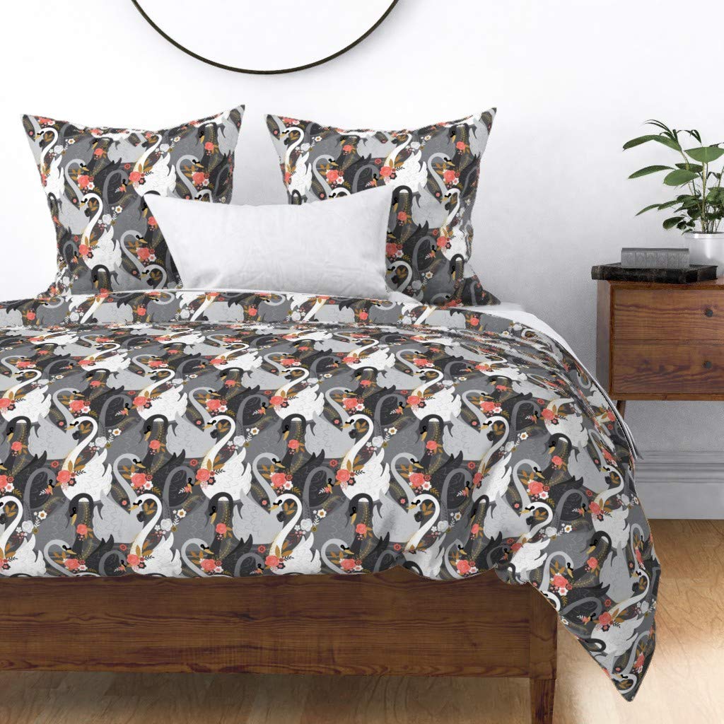Premium Cotton Sateen Duvet Cover Twin Size - Elegant Swan & Floral Pattern in Black & White | Custom Nursery Bedding for Girls | Perfect for Spring Decor & Kids Room Design