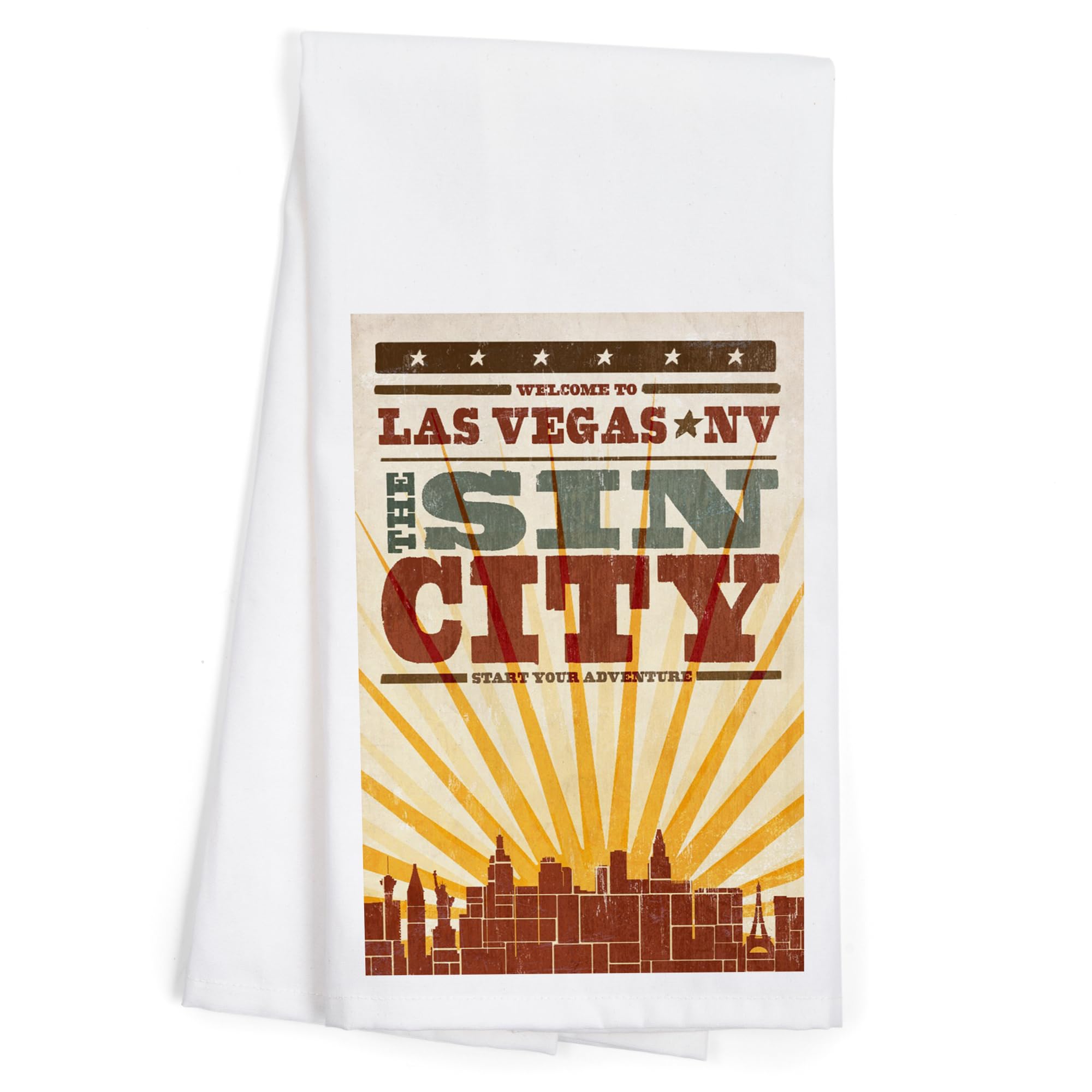 Las Vegas Nevada Skyline Sunburst Screenprint Tea Towel - 100% Cotton Decorative Hand Towel for Kitchen & Home Decor - Perfect for Dish Drying, Gift Giving & Western Themed Decor