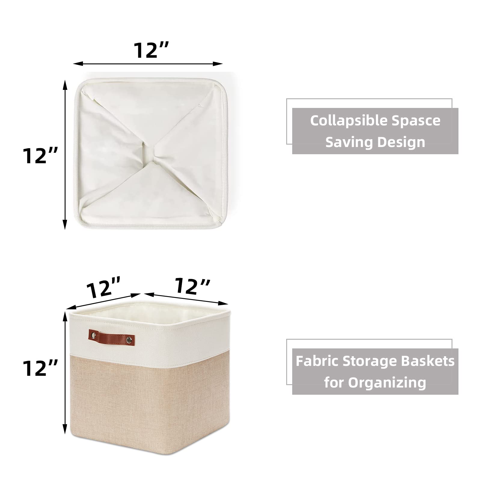HNZIGE Foldable Storage Baskets 4 Pack - 12x12 Cube Organizer Bins for Shelves, Closet, Home & Office Organization - White & Beige Fabric Storage Boxes with Handles | Perfect for Bedroom, Nursery, Pantry & Toy Storage
