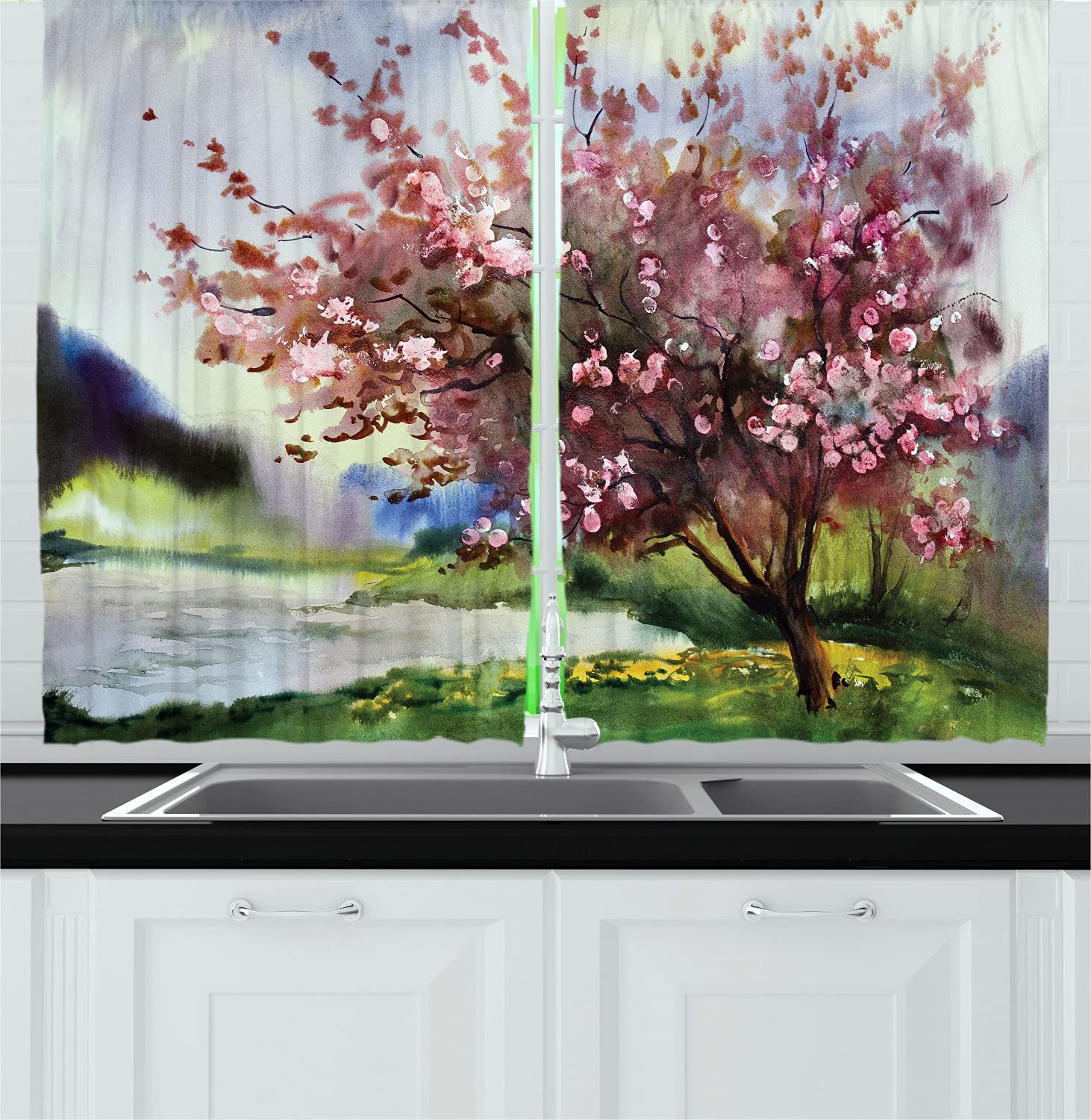 Ambesonne Floral Spring Landscape Kitchen Curtains - 2 Panels with Rod Pocket, Pink & Green Blooming Tree Design, 55