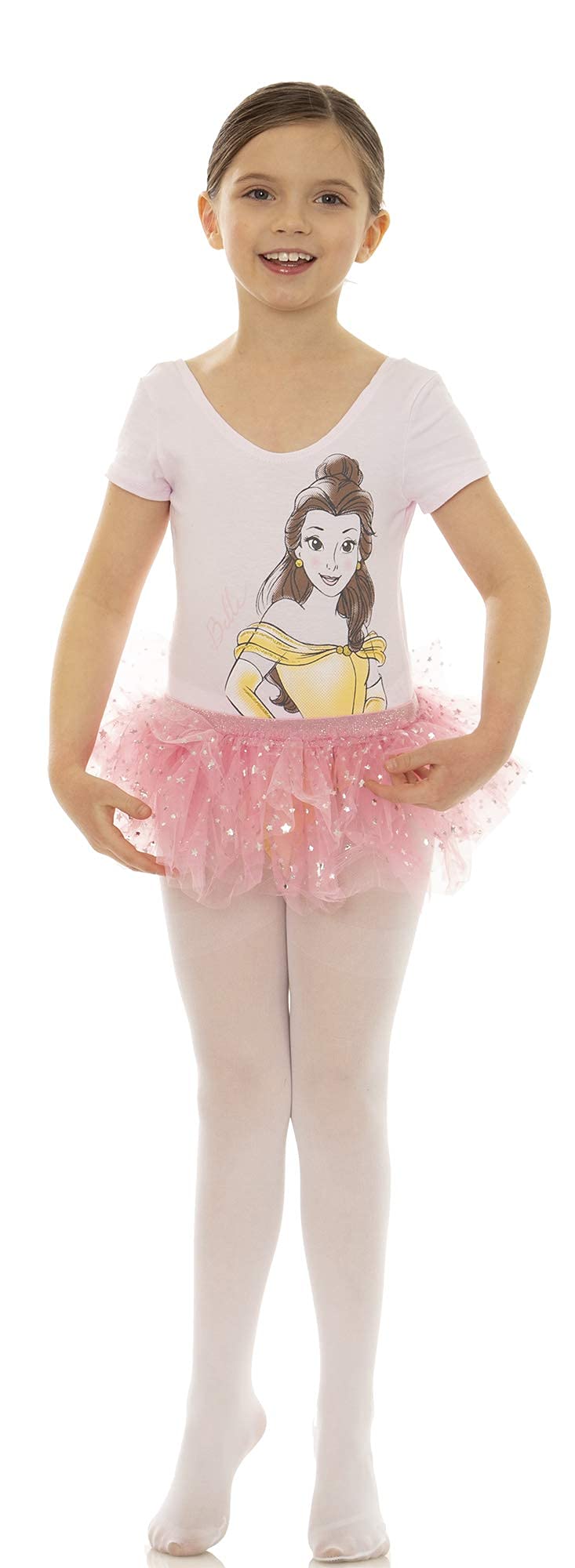 Disney Princess Belle Pink Ballet Leotard Tutu & Tights Dance Set for Girls - Size 5 - Perfect for Ballet Class, Recitals, Dress-Up Play, Birthday Parties & Halloween Costumes