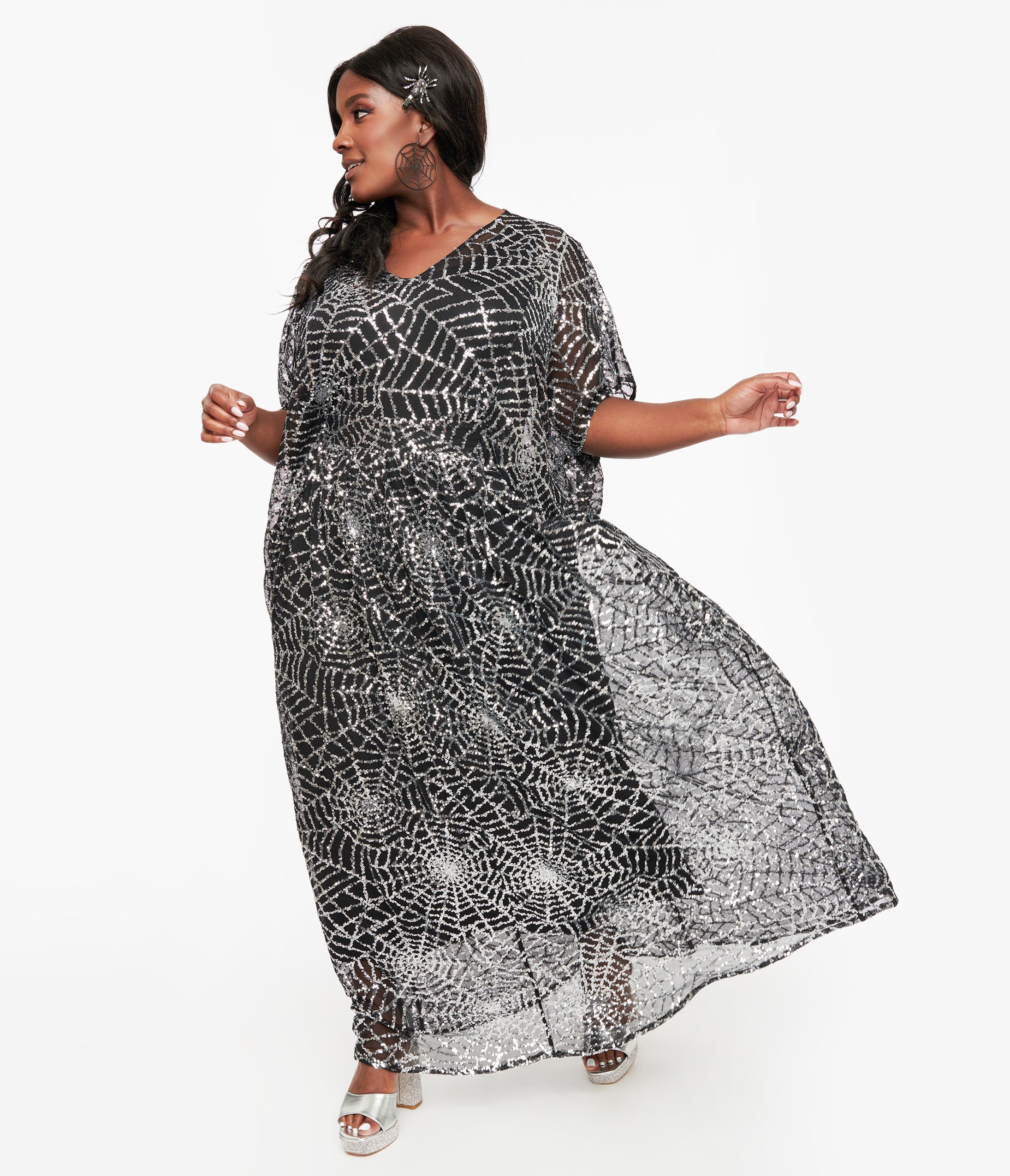 Vintage Black & Silver Sequin Spider Web Burton Caftan Dress - Gothic Halloween Costume, Party Wear & Evening Gown for Women