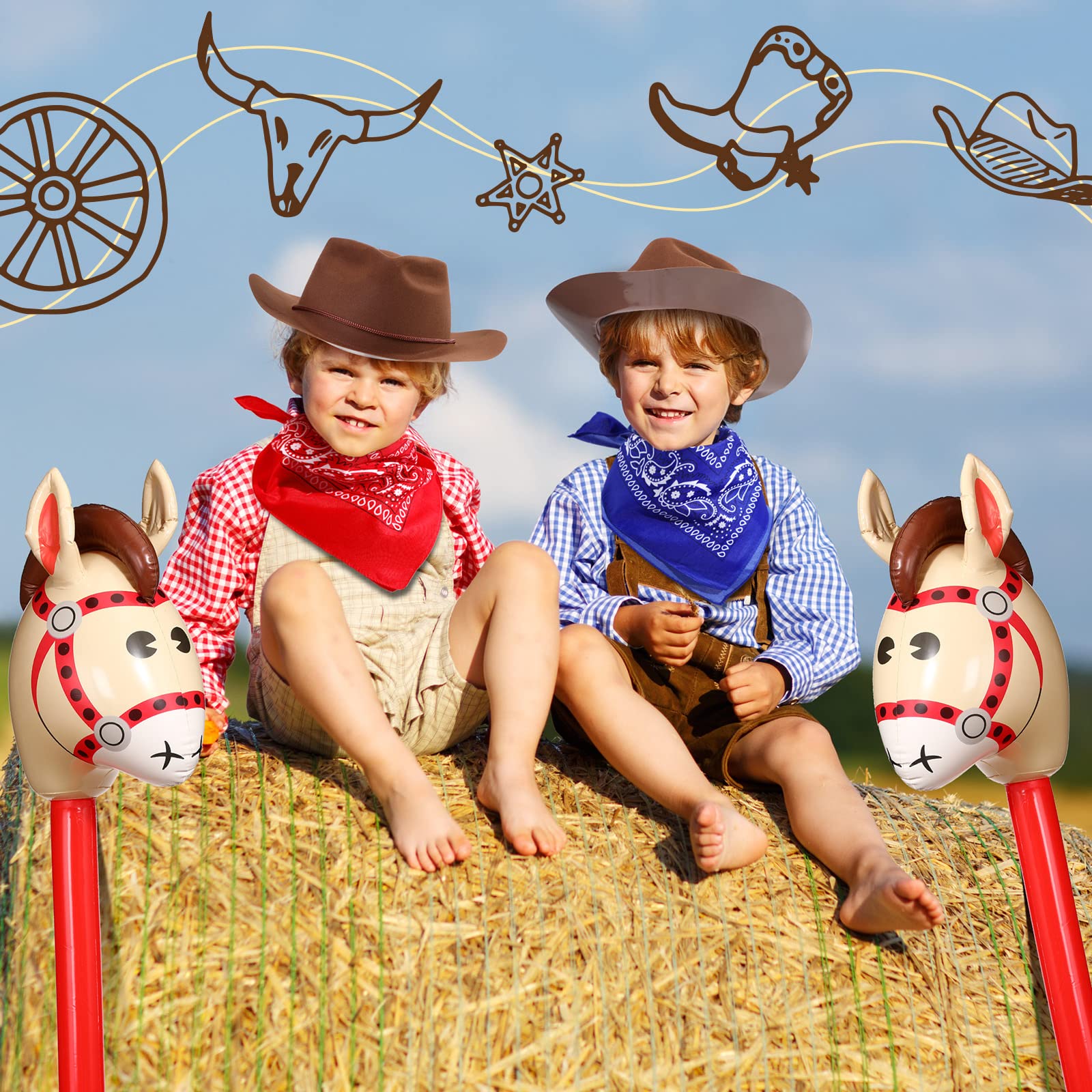 36 Pcs Cowboy Party Costume Set for Kids - Farm Cowboy Hats, Paisley Bandanas & Inflatable Stick Horses - Western Theme Birthday Party Supplies for Cowboy Costume Party, Wild West Rodeo, Halloween Dress Up