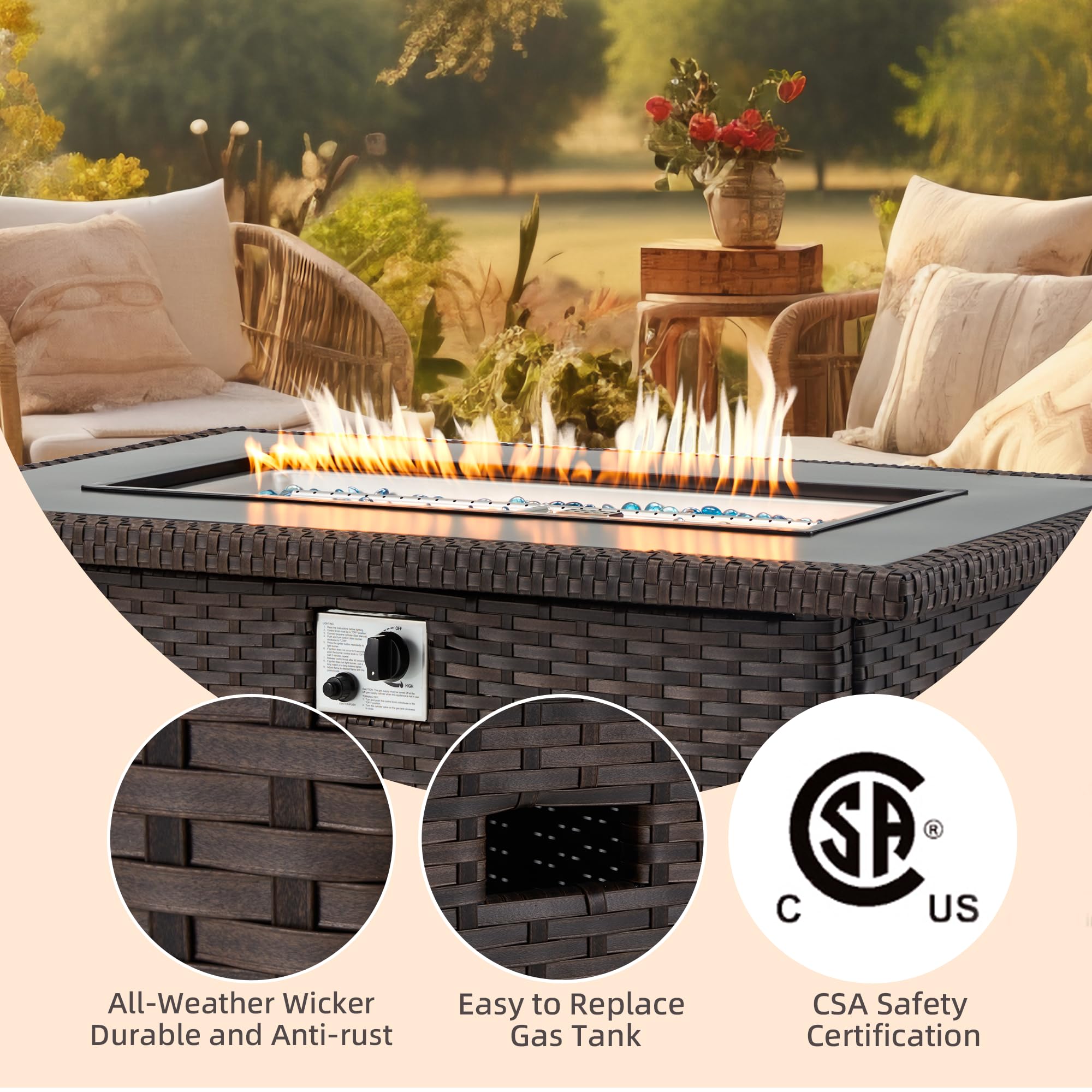 GYUTEI 44-inch Propane Fire Pit Table - 50,000 BTU Outdoor Gas Fire Table with Auto-Ignition & CSA Certification - Brown Patio Heater for Garden, Backyard, Deck (Perfect for Outdoor Entertaining & Cozy Nights)