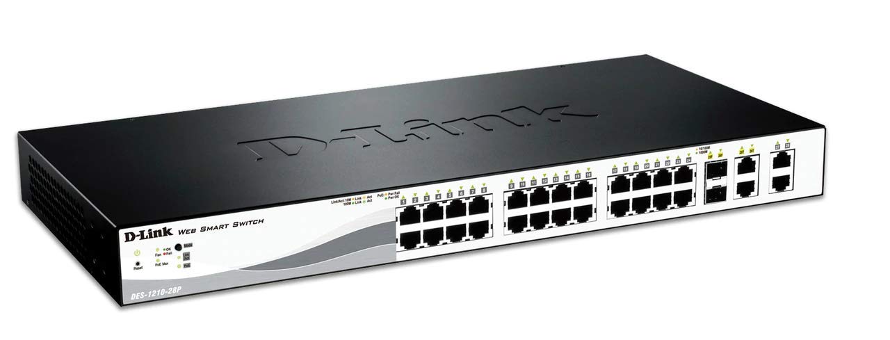 D-Link 24-Port Fast Ethernet PoE Smart Managed Switch with 4 Gigabit Ports (DES-1210-28P) - Ideal for Office Networks, IP Camera Systems & VoIP Phone Setups