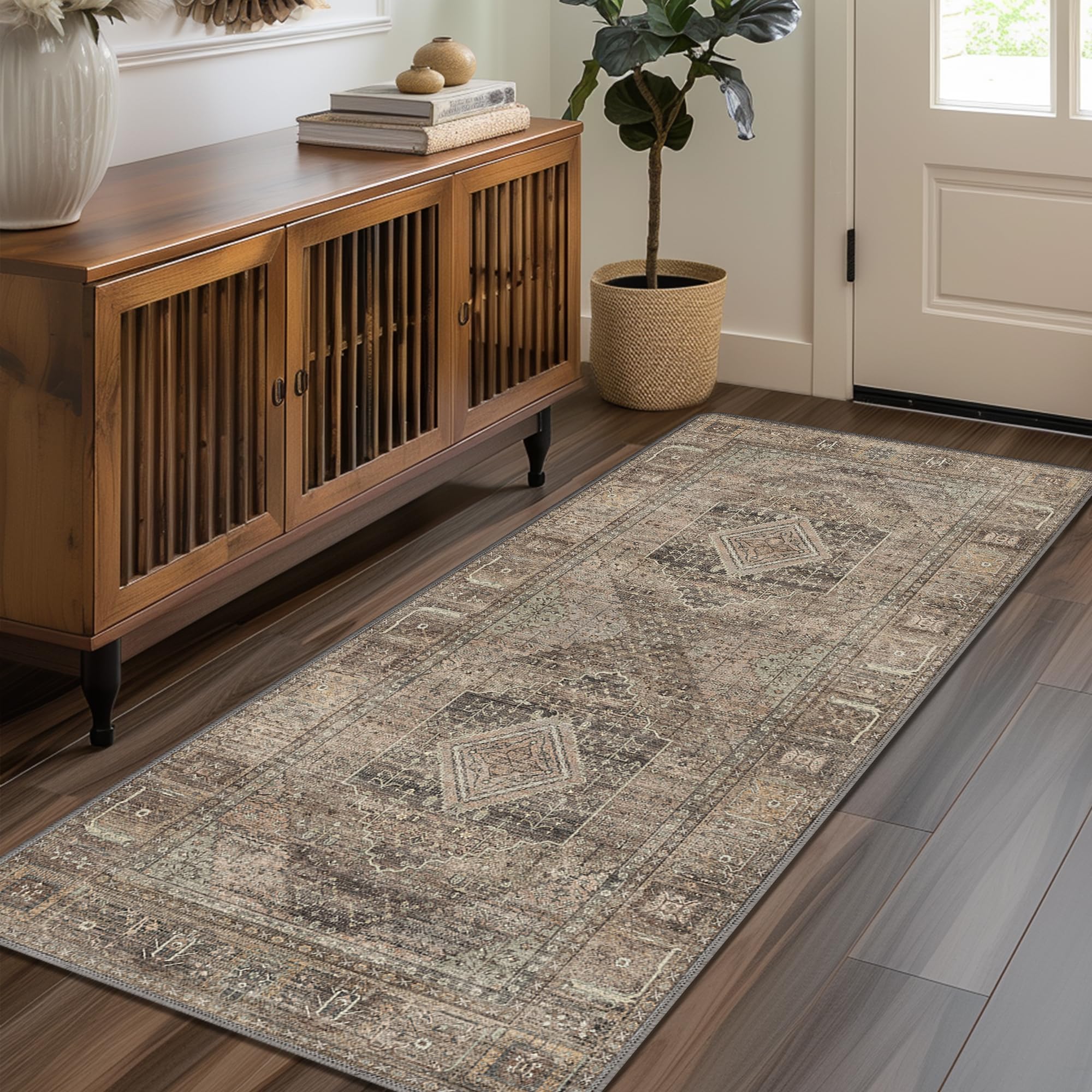 GENIMO 2x5 Non-Slip Runner Rug - Washable Low Pile Lightweight Carpet for Hallway, Living Room, Entryway, Bedroom & Kitchen - Tan | Perfect for High Traffic Areas & Home Decor