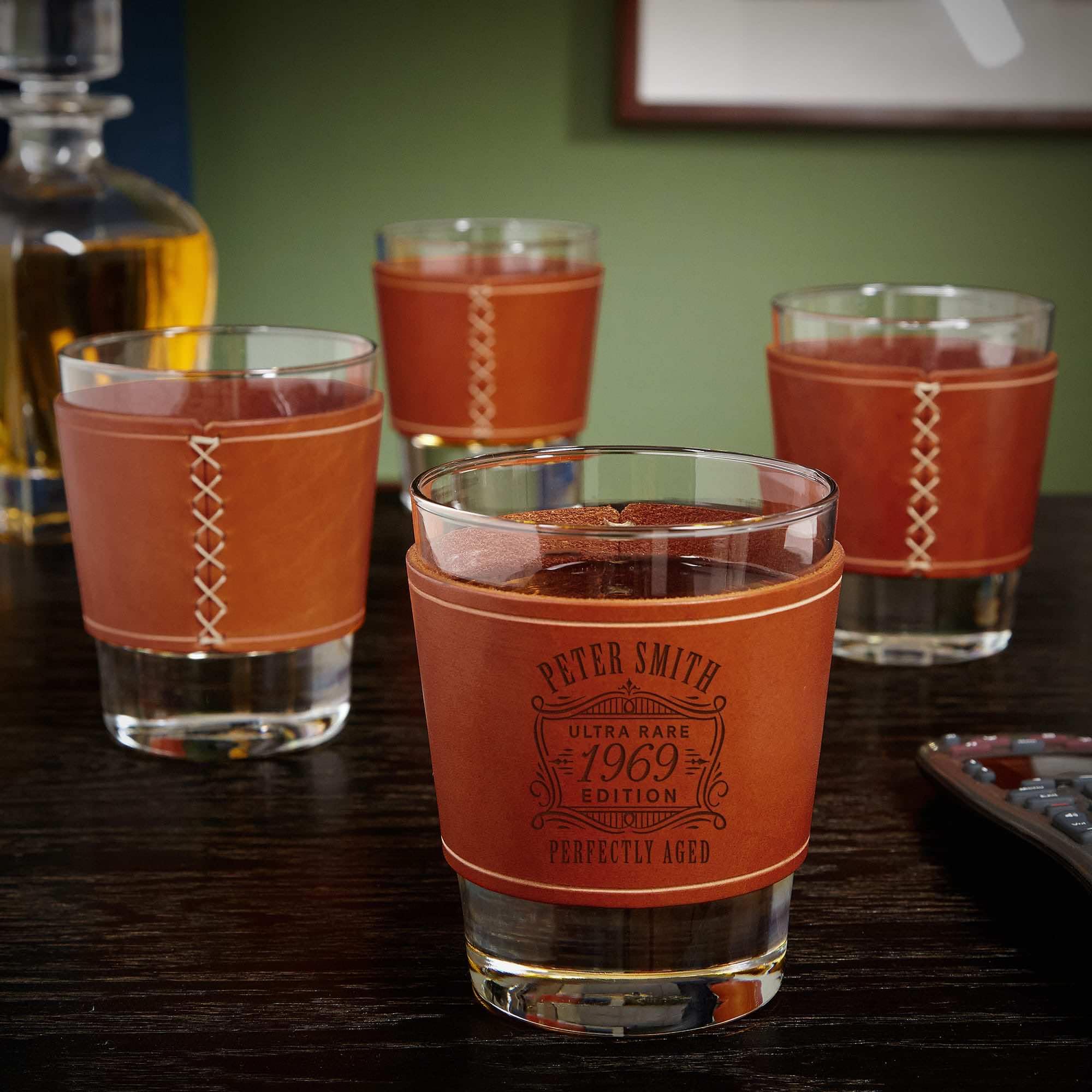 Personalized Whiskey Glass Set - 4PC 12oz Bourbon Glasses with Hand-Stitched Leather Wrap | Custom Engraved Barware for Men, Wedding Gifts & Home Entertaining