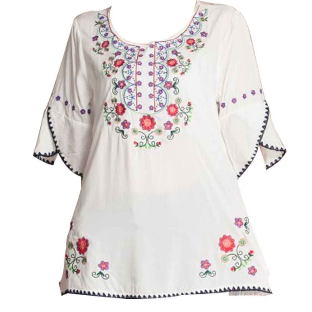 Kafeimali Women's Bohemian Embroidered Cotton Tunic Top - Mexican Style Floral Blouse for Casual Wear, Beach & Festival Outfits