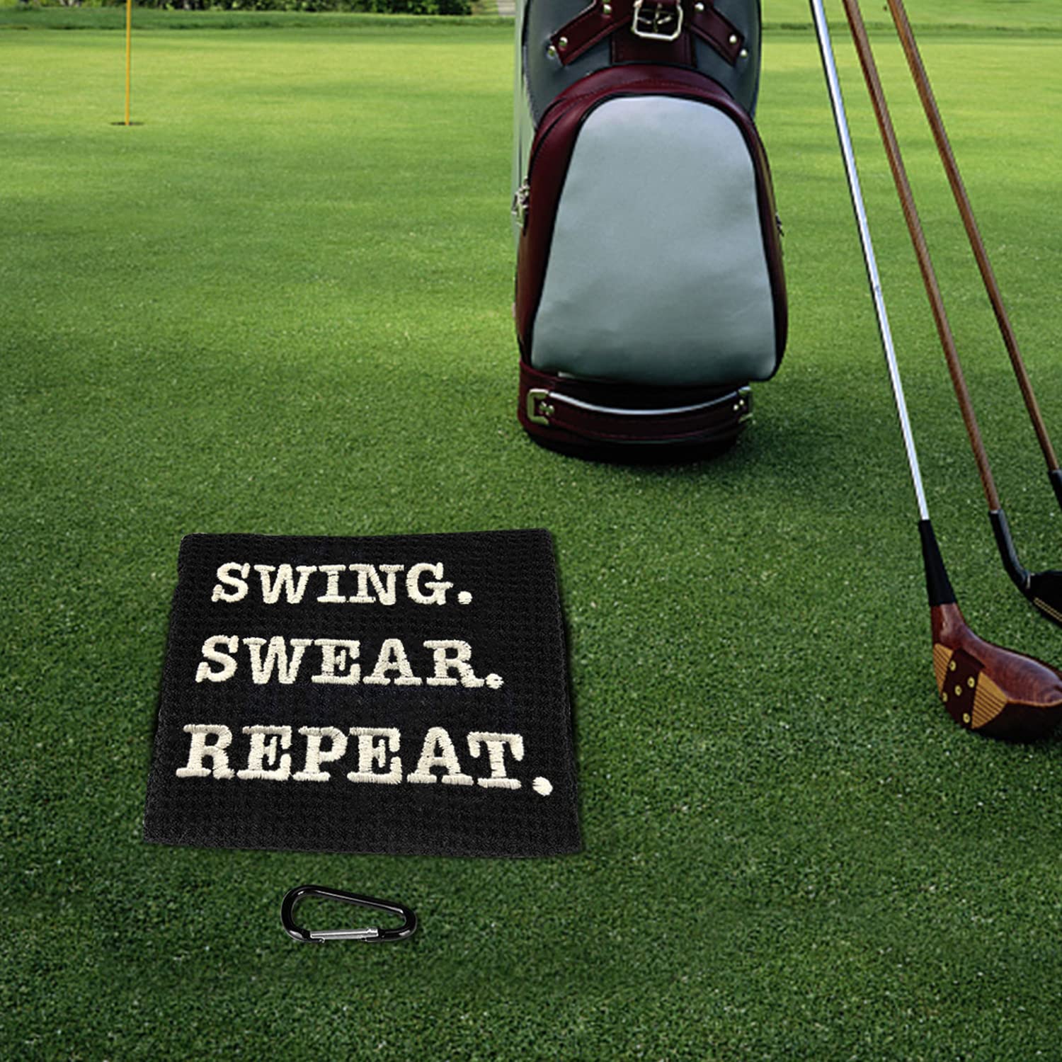 Funny Golf Towel - Swing Swear Repeat Embroidered Golf Towel with Clip for Golf Bags | Perfect Golf Gift for Men | Durable Golf Accessory for Practice, Tournaments & Club Outings