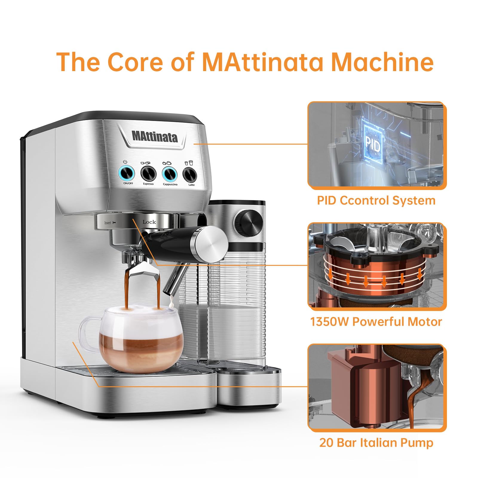 20 Bar Professional Cappuccino & Espresso Machine with Automatic Milk Frother - Compact Stainless Steel Latte Maker for Home, Office & Coffee Shops - Perfect for Morning Brews, Entertaining Guests & Barista-Quality Drinks