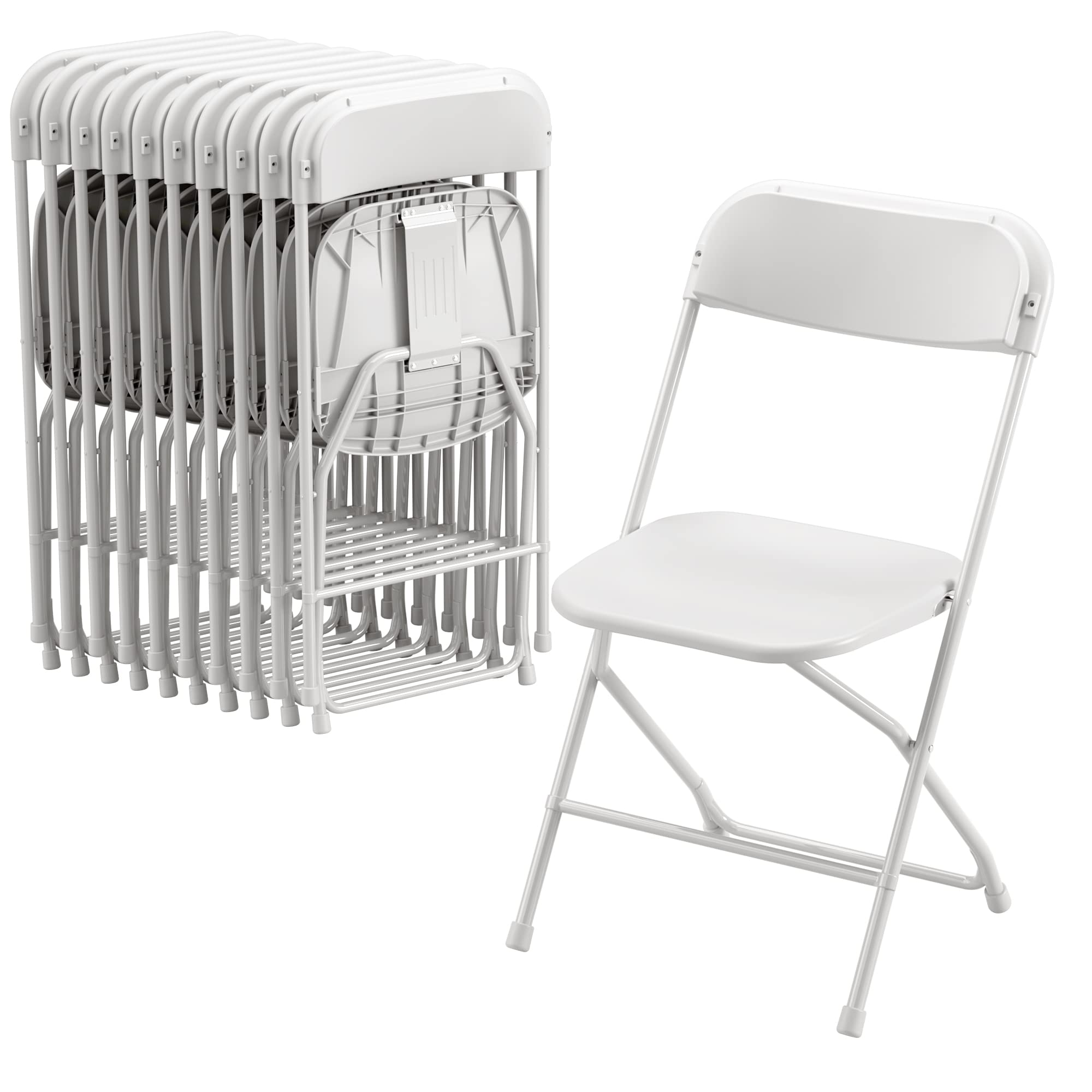 Allpop 10 Pack White Plastic Folding Chairs - Heavy Duty 300lb Capacity, Steel Frame Stackable Commercial Chairs for Indoor & Outdoor Use - Perfect for Weddings, Parties, Offices, and Events