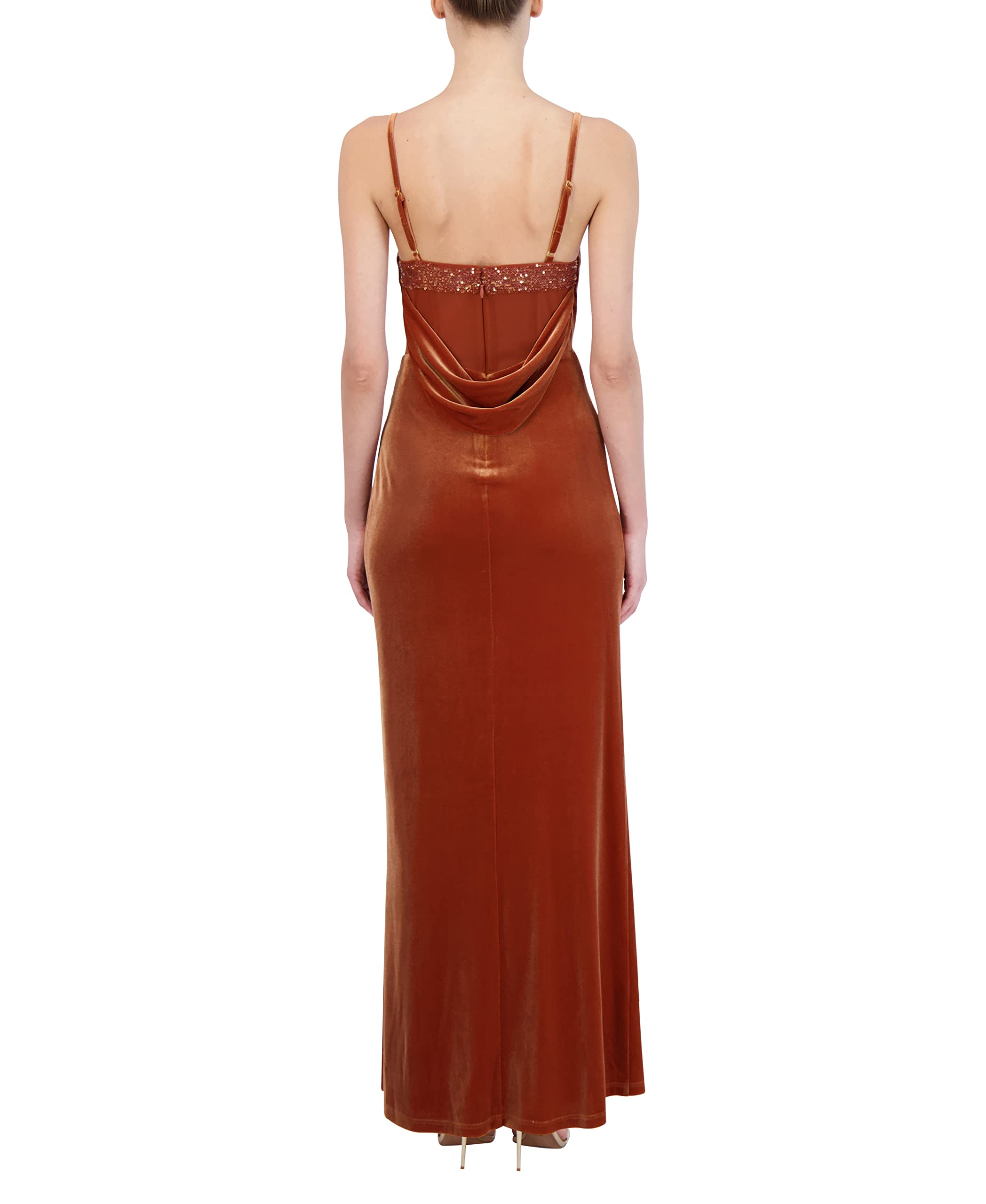 BCBGMAXAZRIA Women's Elegant Fit & Flare Evening Gown with Adjustable Spaghetti Straps, Cowl Neck & Sequin Trim - Perfect for Prom, Gala & Formal Events