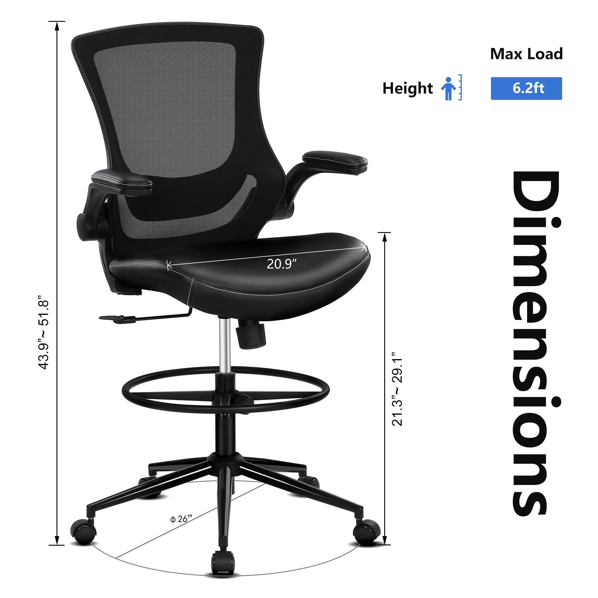Misolant Adjustable Height Office Chair for Standing Desk - PU Leather Drafting Chair with Foot Ring, Reclining Back & Lumbar Support - Ergonomic Tall Chair for Home Office, Gaming & Computer Workstations