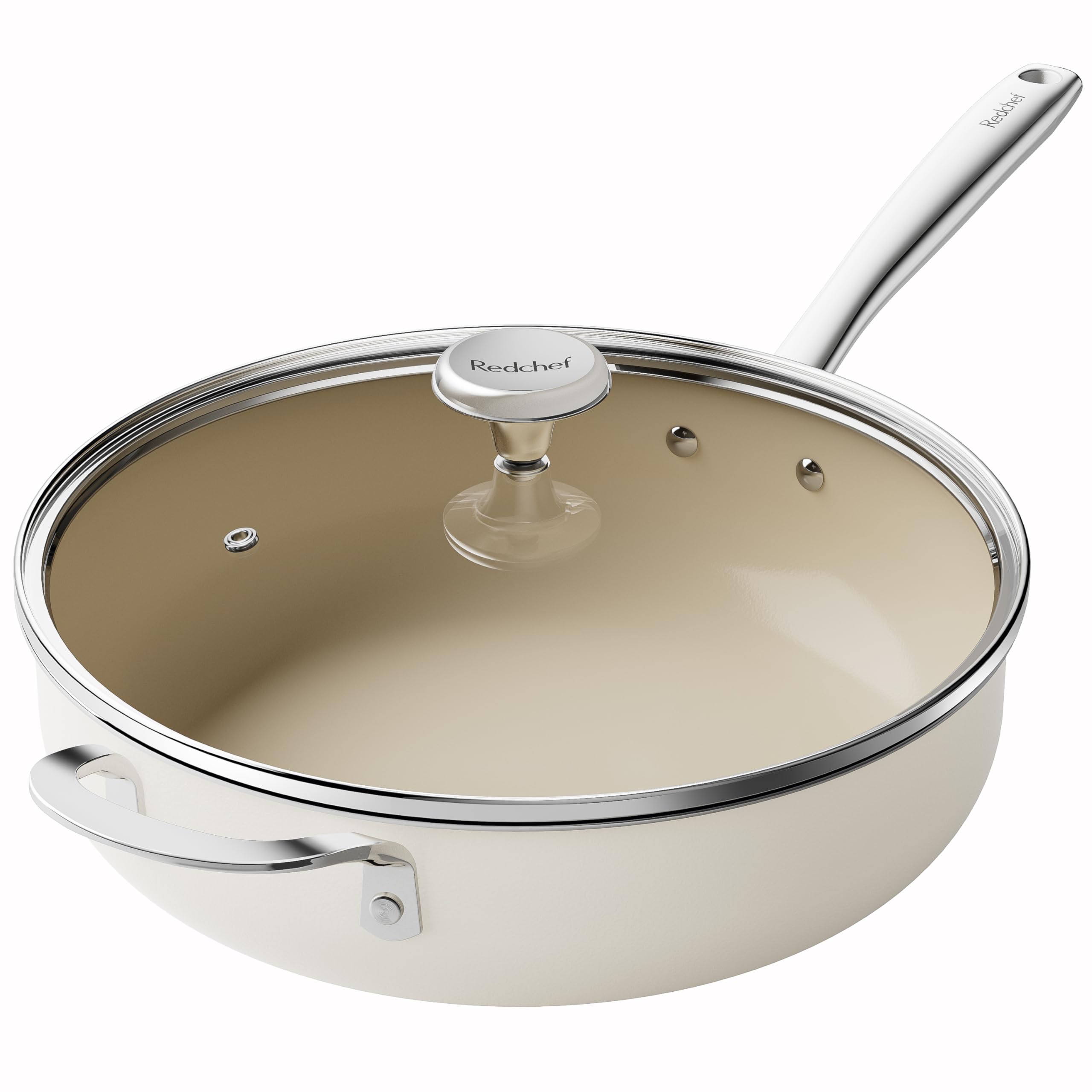 **RedChef 5QT Ceramic Nonstick Saute Pan with Lid - PFAS, PFOA & PTFE Free Deep Frying Pan, Oven & Dishwasher Safe, Helper Handle - Perfect for Sautéing, Frying & Slow Cooking**    *(Use Cases: Ideal for home chefs, frying chicken, sautéing vegetables, slow-cooking stews, and preparing healthy meals with easy cleanup.)*