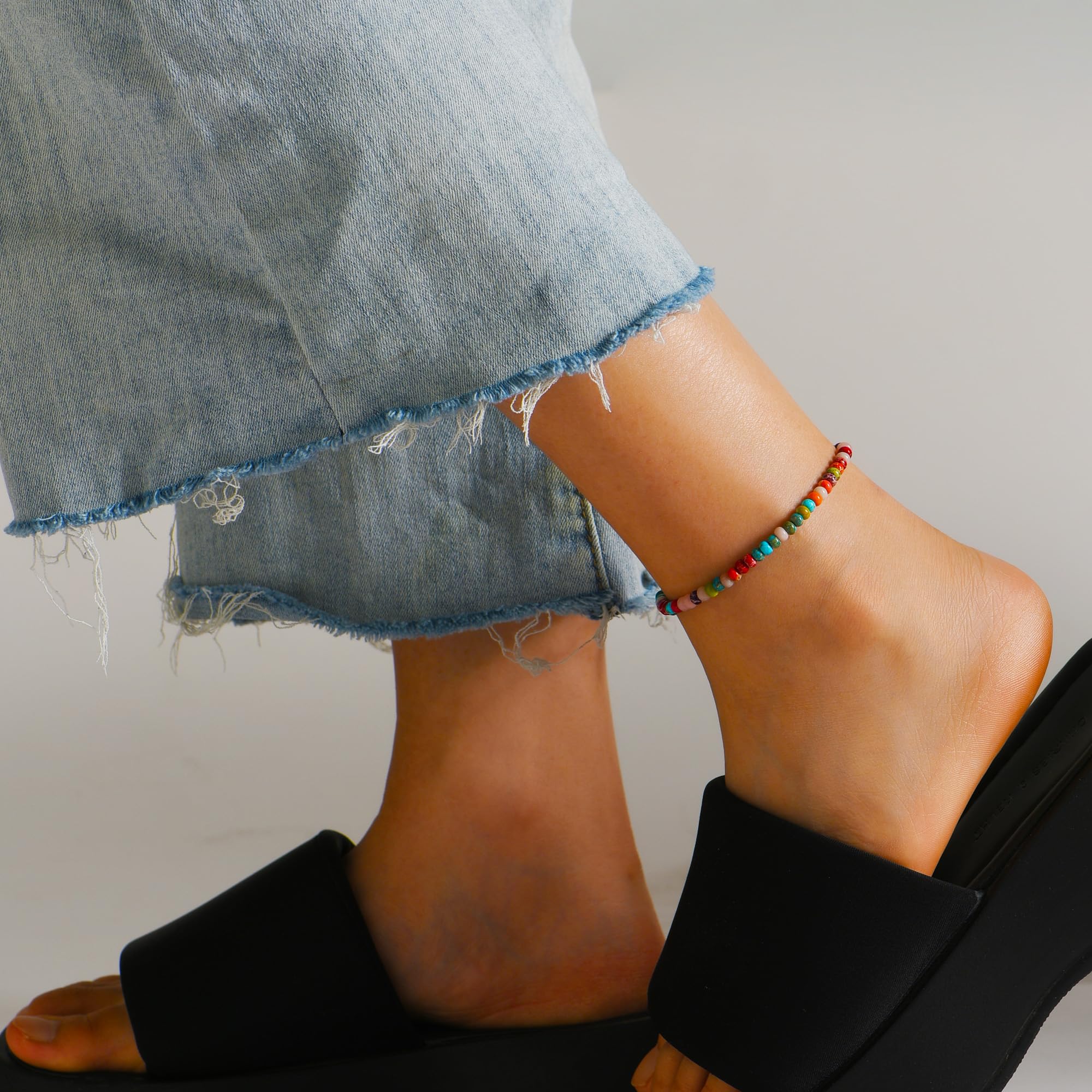 Handmade Natural Stone Beaded Anklet Bracelet for Women - Adjustable Waterproof Boho Ankle Jewelry - Perfect for Summer, Beach, and Festival Outfits