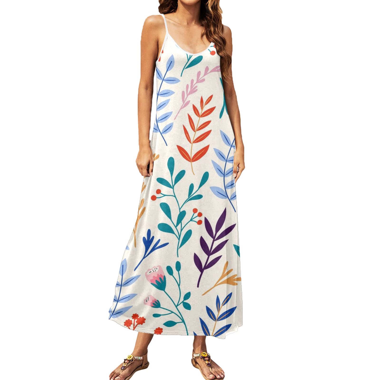 Women's Floral Printed Round Neck Maxi Dress - Summer Spaghetti Strap Sundress for Beach, Vacation & Casual Wear - Lightweight White Sun Dress for Women