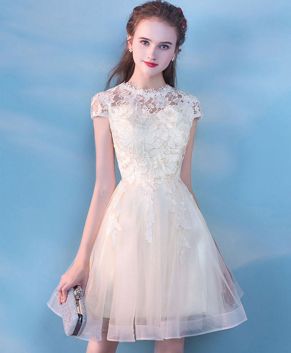 Elegant Champagne Tulle Lace Short Prom Dress & Homecoming Dress for Teens - Perfect for Parties, Dances, and Formal Events