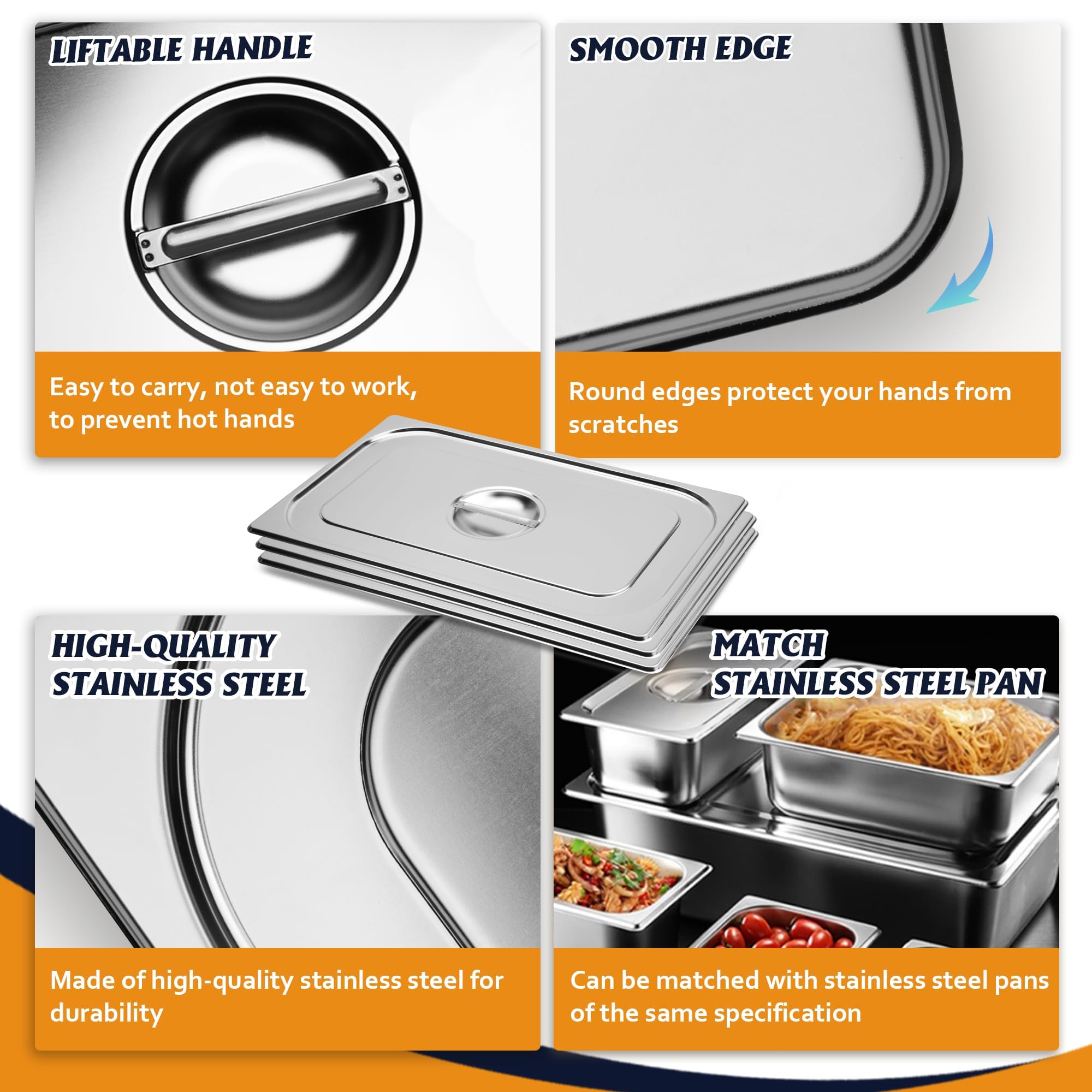 FUSON 4-Pack 1/3 Size Stainless Steel Steam Table Pan Covers with Handles - NSF Certified Commercial Food Pan Lids for Hotel Pans & Steam Food Pans - Perfect for Restaurants, Catering & Buffet Service