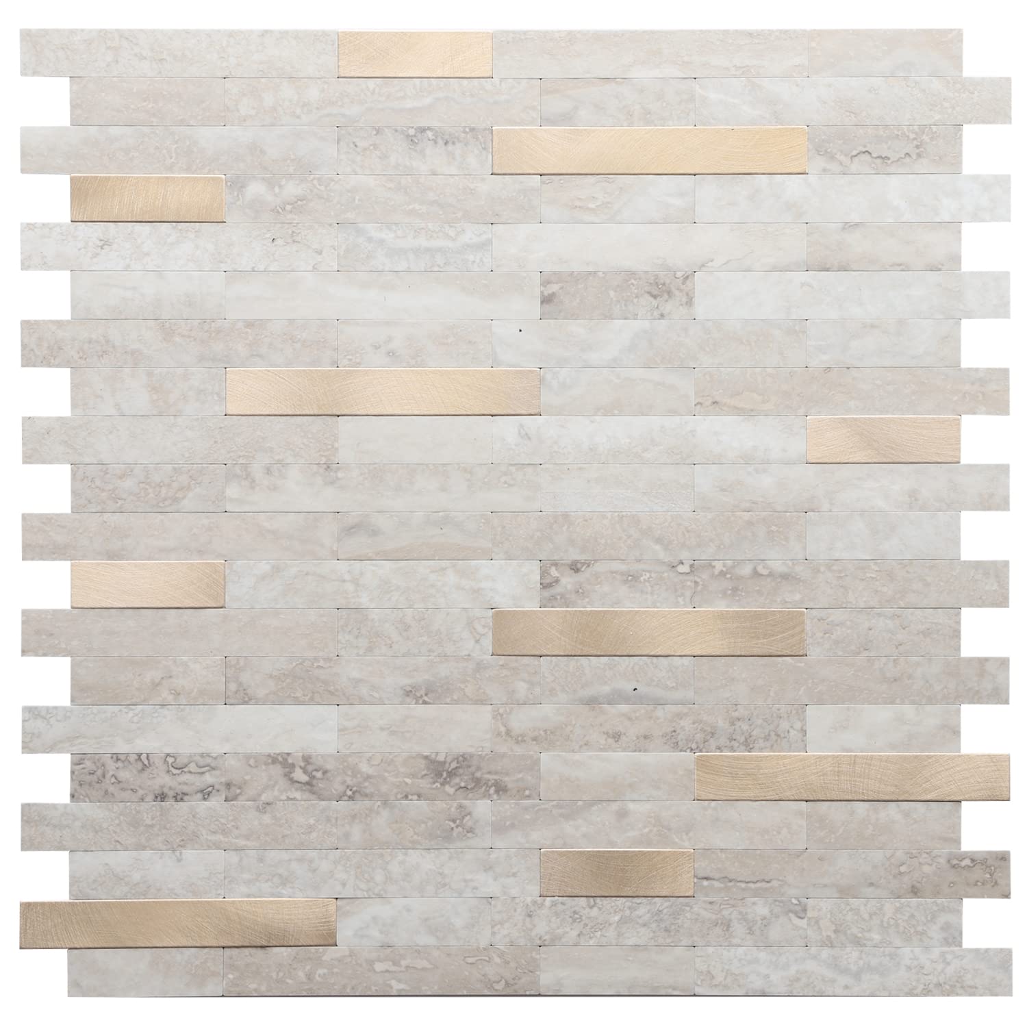 STICKGOO Peel and Stick Backsplash - Self Adhesive PVC Wall Tiles for Kitchen, Bathroom & Laundry Room (1 Sheet, Beige with Gold Metallic Finish) - Easy DIY Home Decor Upgrade for Countertops, Sinks & Stove Areas