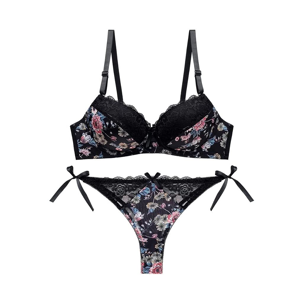 Sexy Lace Push Up Bra and Panty Set - Comfortable Printed Underwear for Women - 90A Black - Perfect for Date Nights & Special Occasions