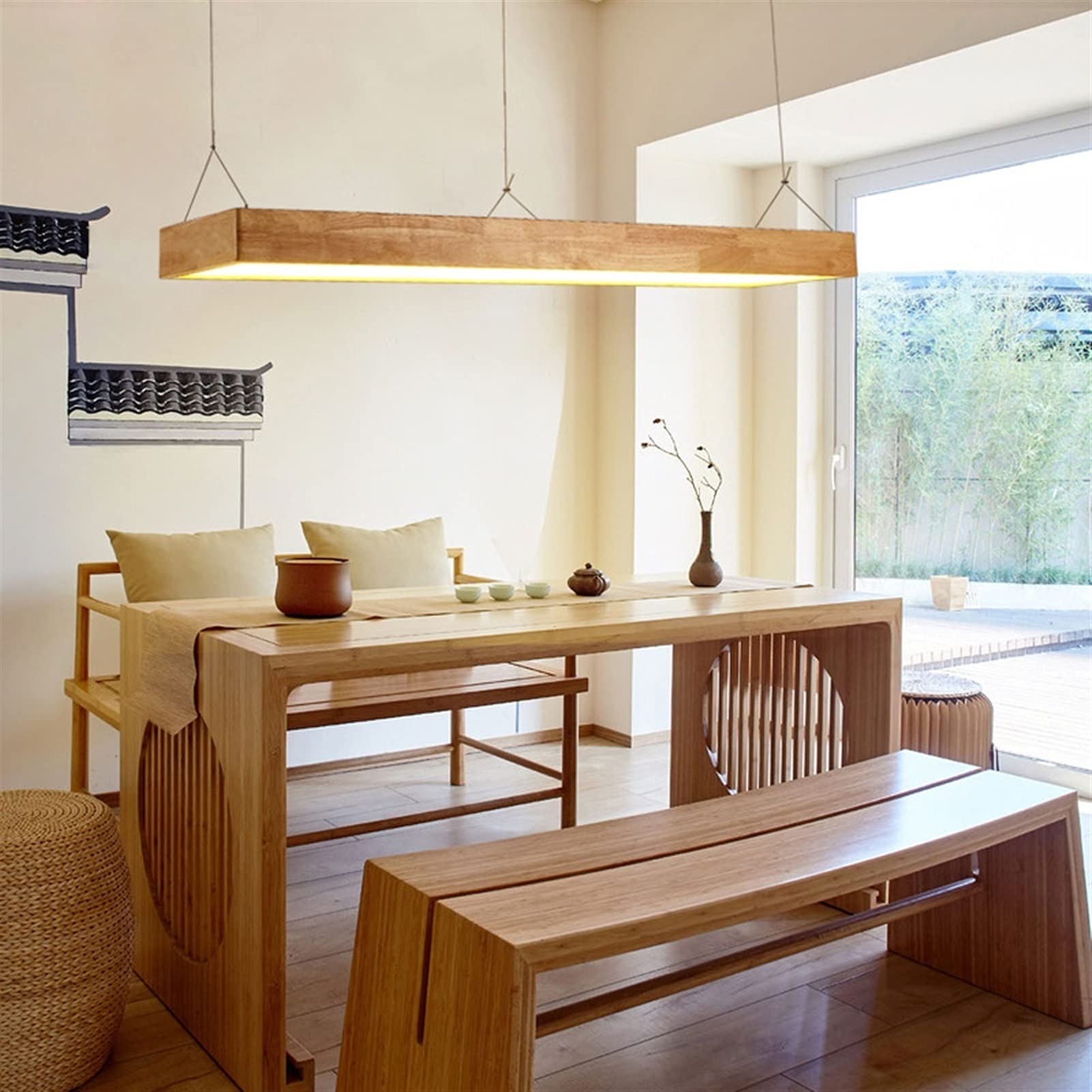 Baska 18W LED Pendant Light - Modern Wooden Hanging Chandelier with Acrylic Shade for Kitchen Island, Dining Room & Living Room | Energy-Efficient Ceiling Lamp for Home Decor & Ambient Lighting