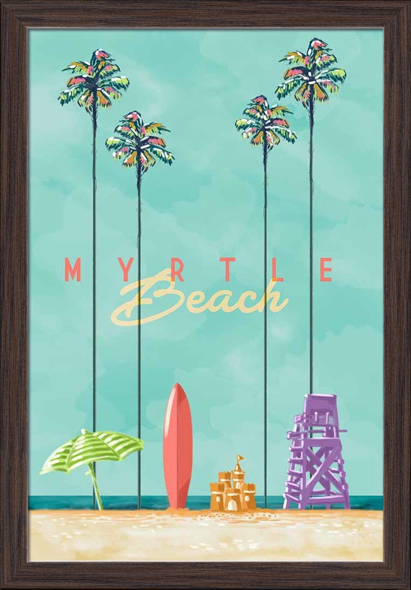 Myrtle Beach South Carolina Tall Palms Beach Scene Art Print - 16x24 Giclee Fine Art on Recycled Wood Frame in Espresso Brown - Perfect for Coastal Home Decor, Beach House Wall Art, and Living Room Accent