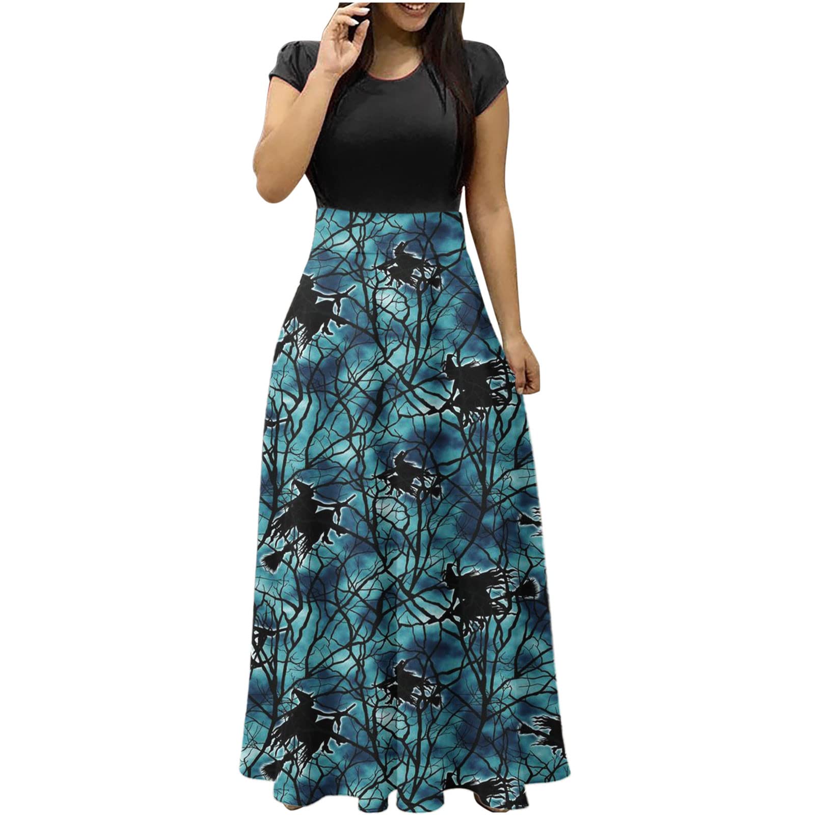 2022 Halloween Dress for Women - Vintage Pumpkin Skull Print Short Sleeve Party Costume Maxi Dress | Perfect for Halloween Parties, Cosplay & Themed Events