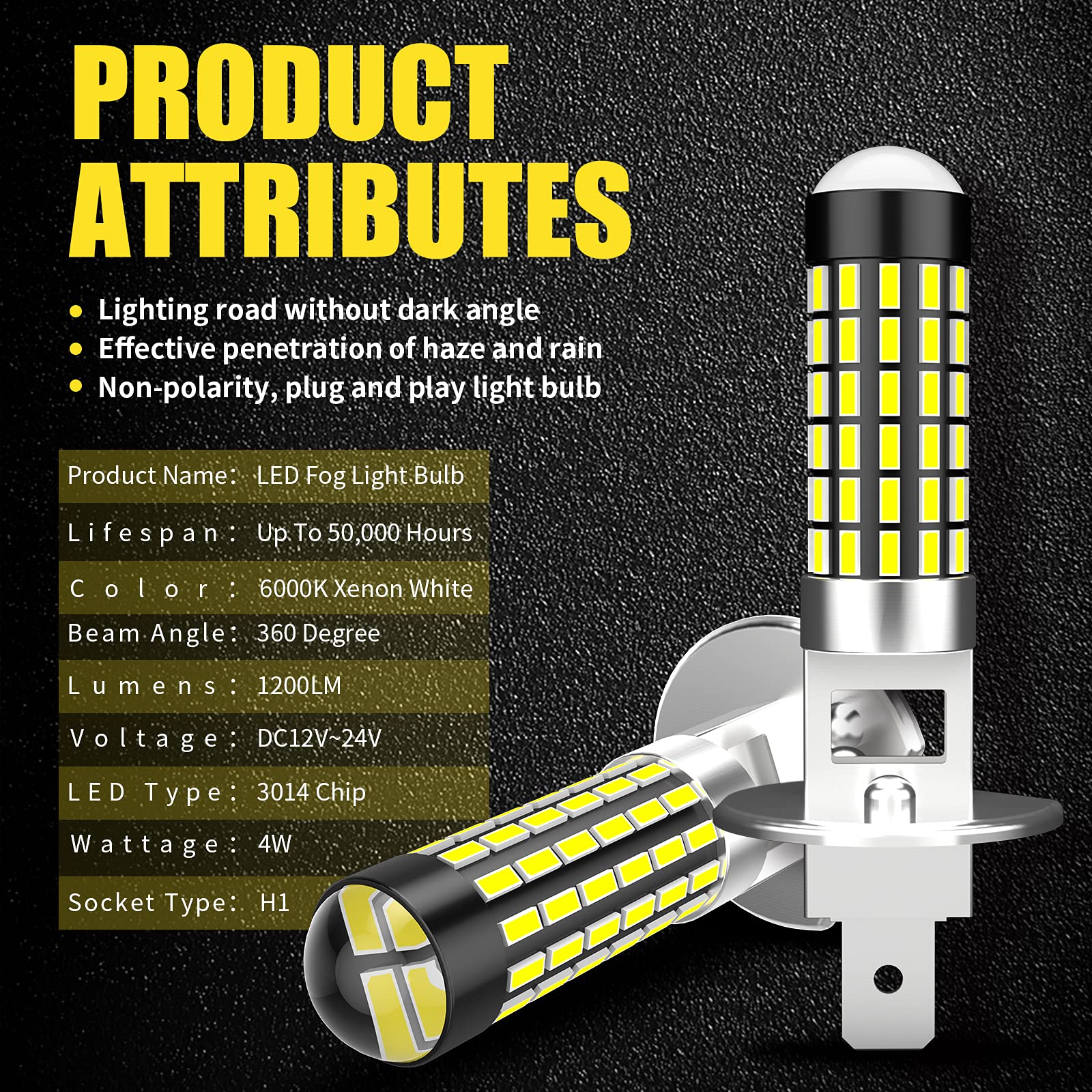 H1 LED Fog Lights DRL 1200 Lumens 360° Beam - Super Bright 6000K Xenon White LED Bulbs for Cars & Trucks (Pack of 2) - Perfect for Night Driving & Off-Road Adventures