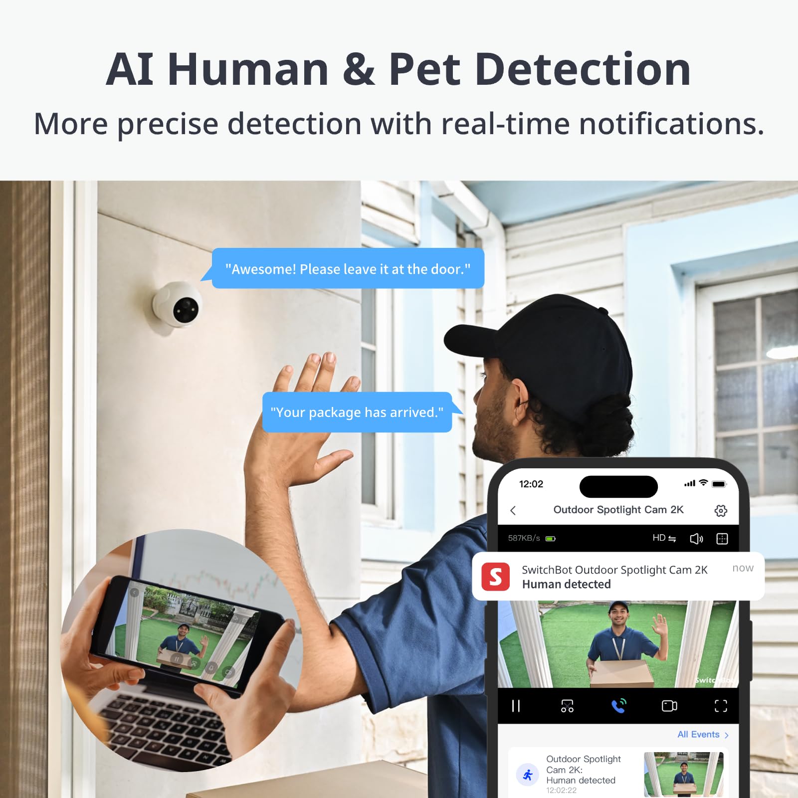 SwitchBot 2K Outdoor Wireless Security Camera with Solar Panel - 24/7 Home Surveillance, Color Night Vision, AI Human & Pet Detection, Alexa Compatible, WiFi 2.4G - Ideal for Front Yard, Backyard & Garage Security Monitoring
