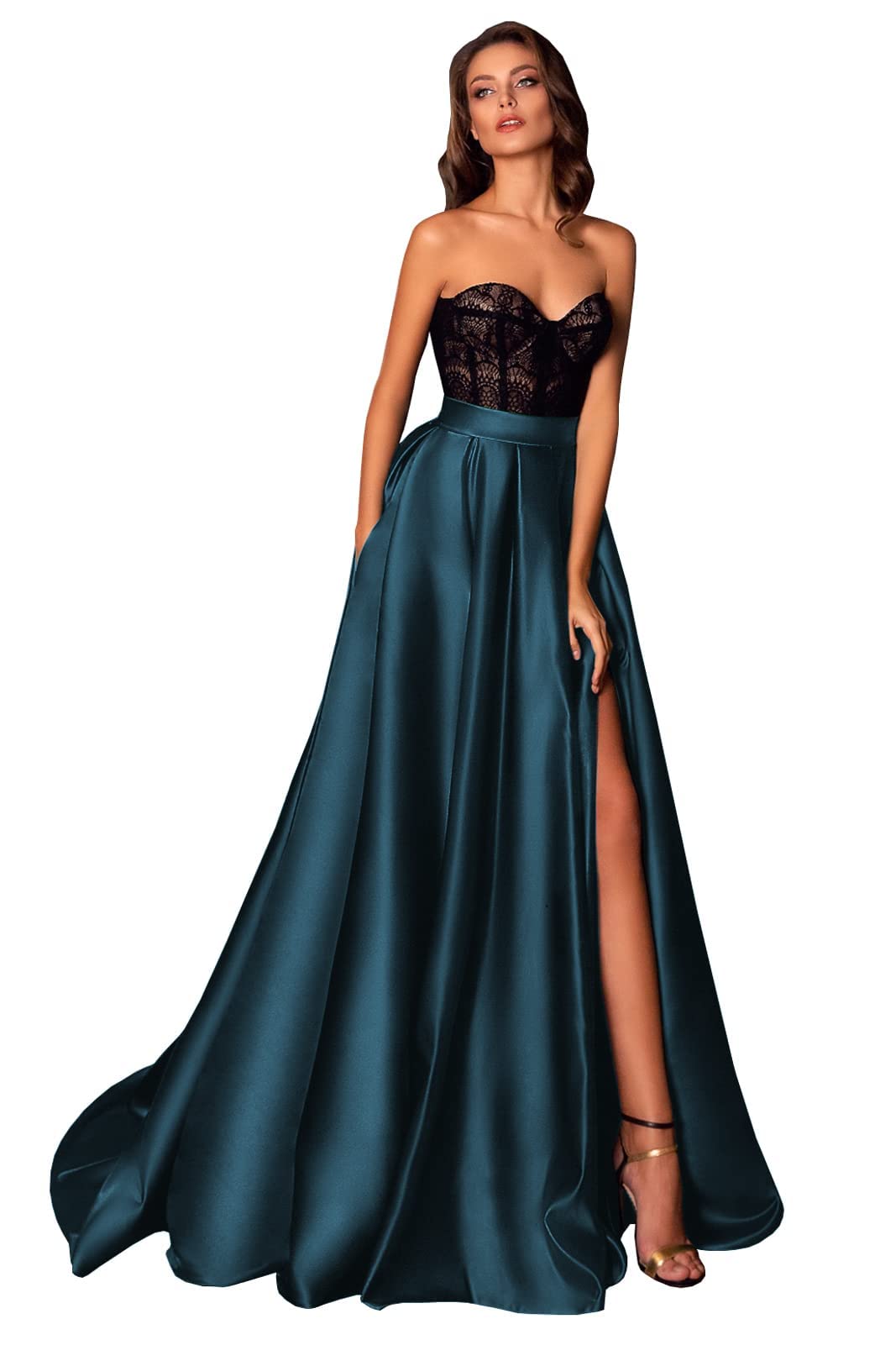 Elegant Black Strapless Lace Corset Prom Dress with Satin Ruched Detail & High Slit - Women's Formal Ball Gown with Pockets | Perfect for Homecoming, Prom Night & Evening Galas