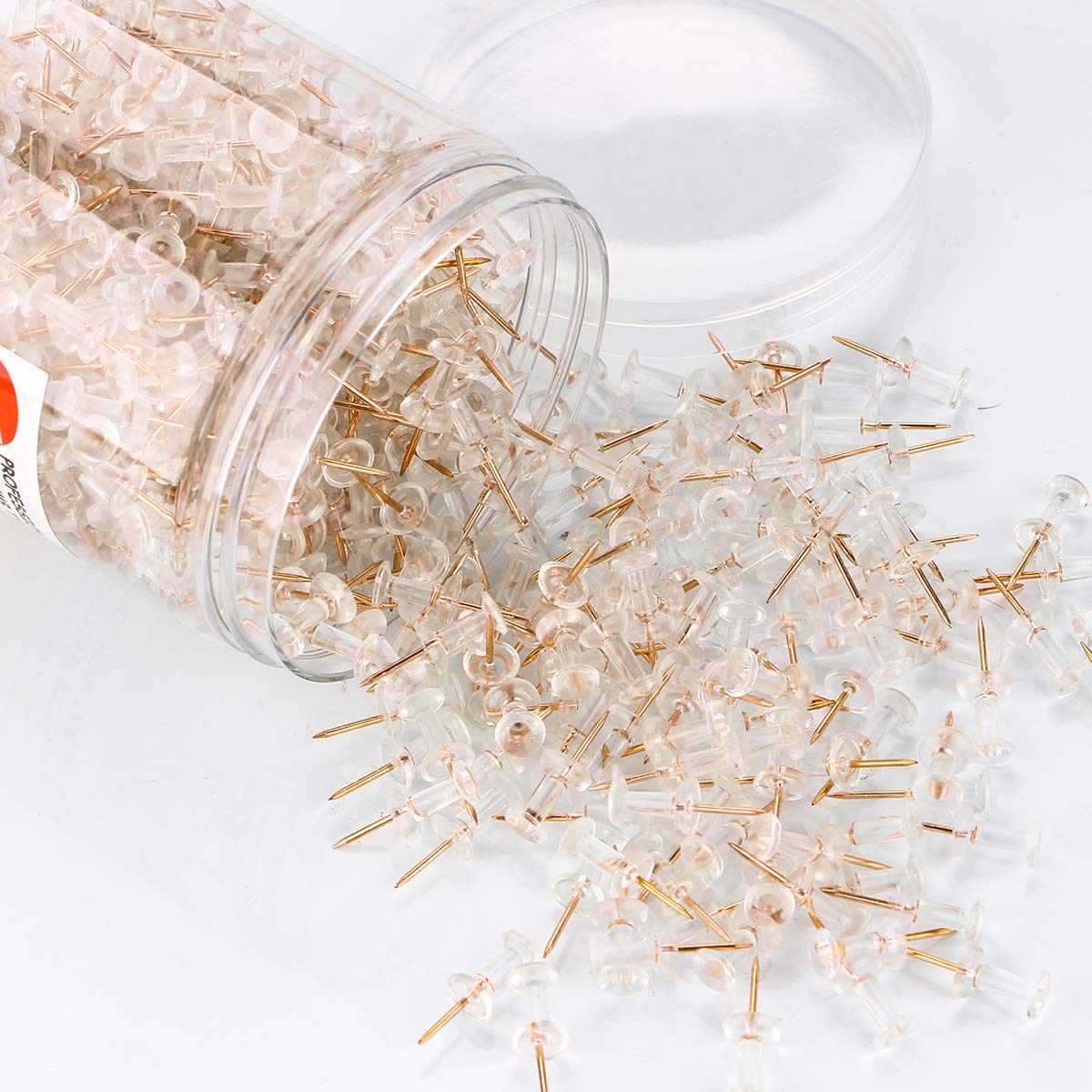 600 Count Yalis Push Pins - Rose Gold Thumb Tacks with Steel Point & Clear Plastic Head for Bulletin Boards, Office, Home & School Organization