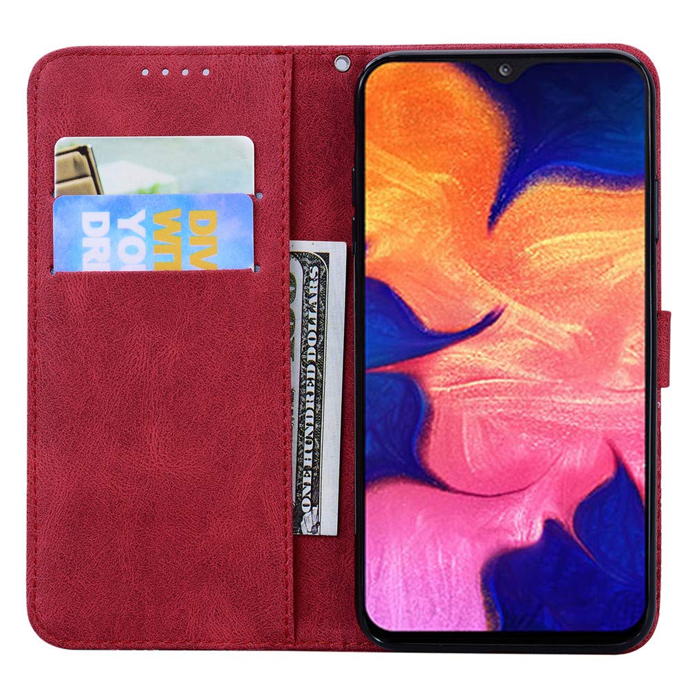 Samsung Galaxy A10E Leather Wallet Case with Card Holder & Magnetic Kickstand - Shockproof Flip Cover with Butterfly Embossing (Retro Red) - Perfect for Daily Use, Travel, and Hands-Free Viewing