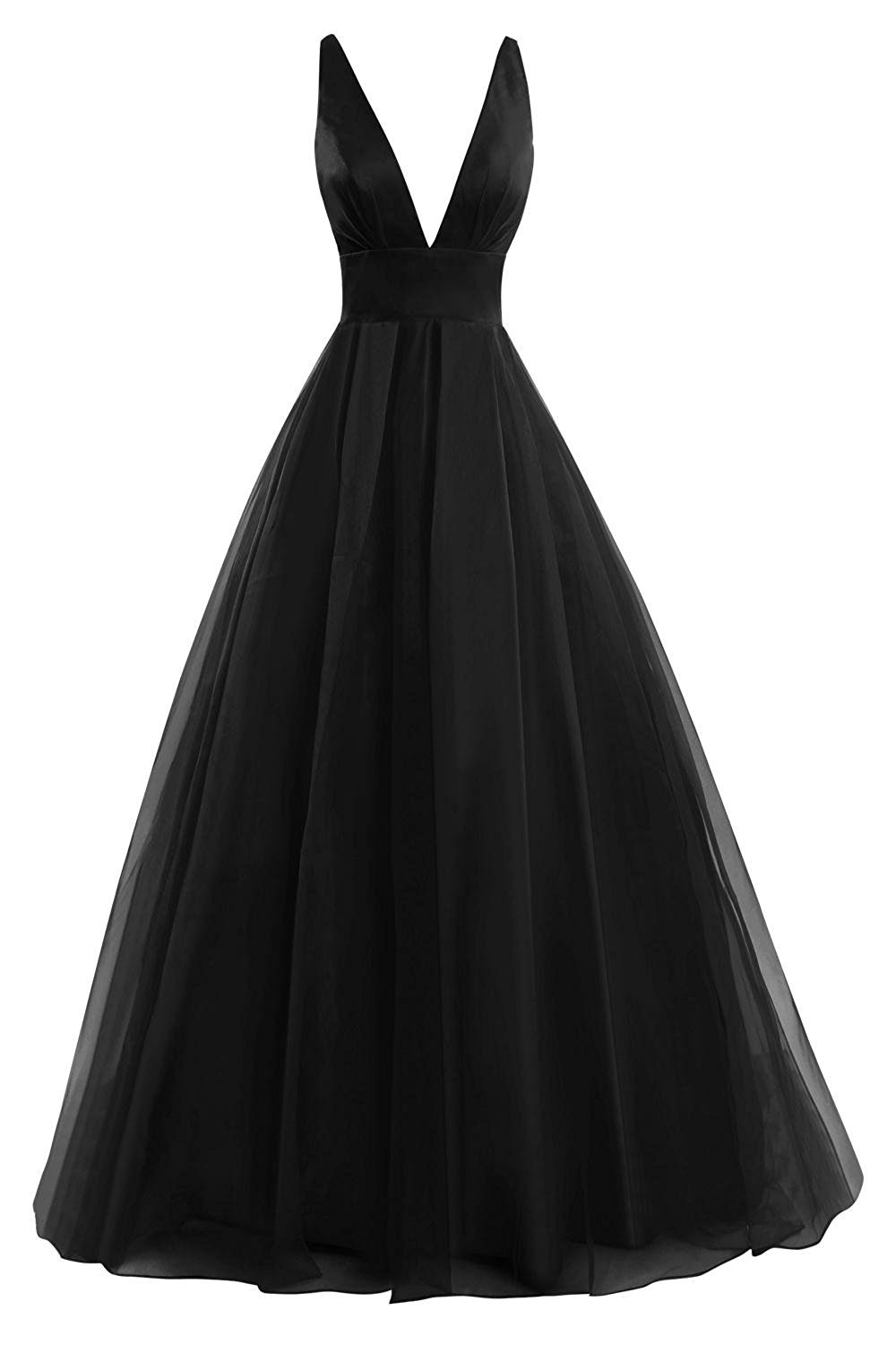 Elegant Long Prom Dresses for Women - Formal Evening Gowns with Tulle Skirt & V-Neck Open Back Design - Perfect for Homecoming, Ball, Wedding & Special Occasions