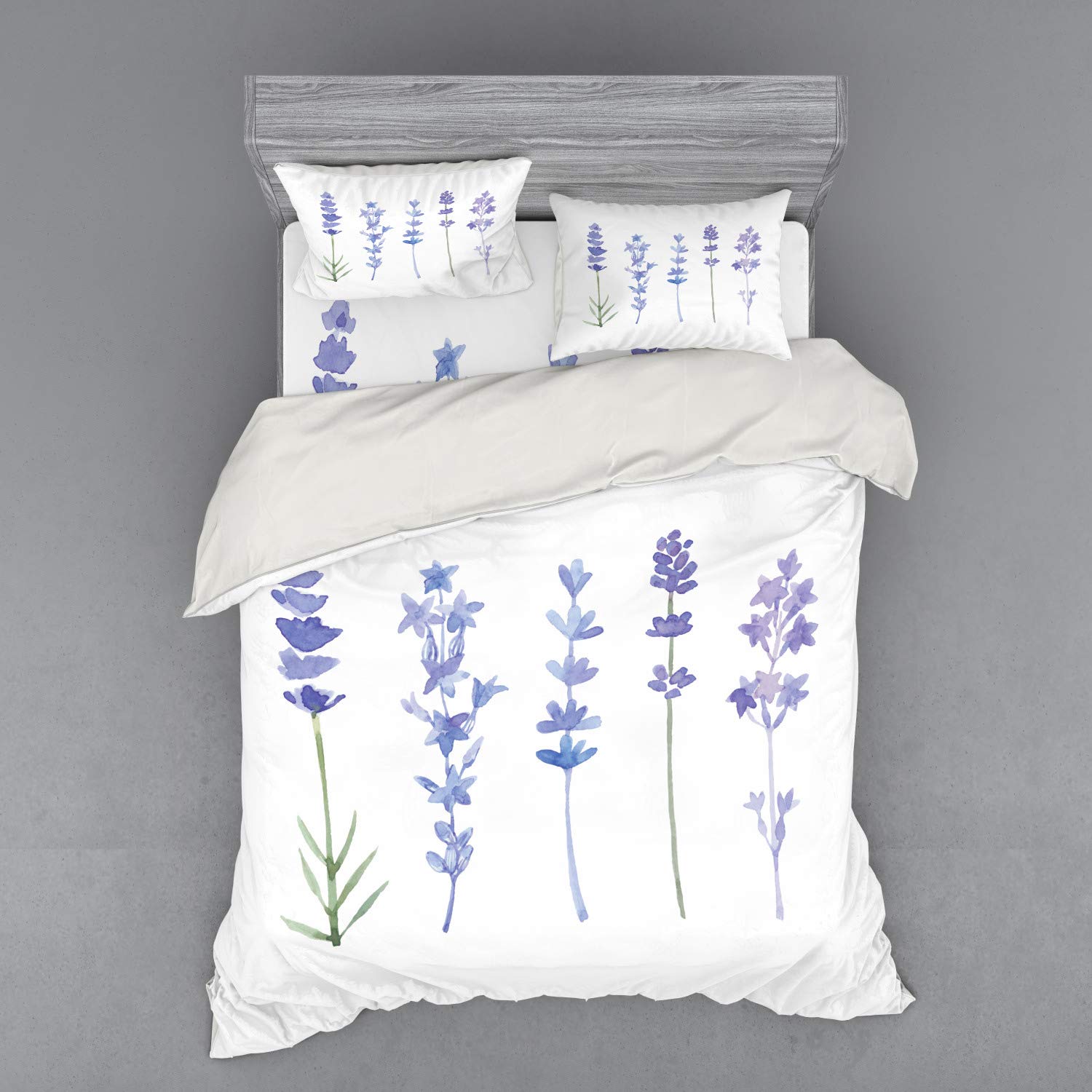 Ambesonne Lavender Bedding Set - Watercolor Floral Duvet Cover with Shams & Fitted Sheet, 4-Piece Queen Size Set in Lilac & Green | Botanical Garden Theme for Bedroom Decor | Perfect for Master Bedroom, Guest Room & Farmhouse Style Homes
