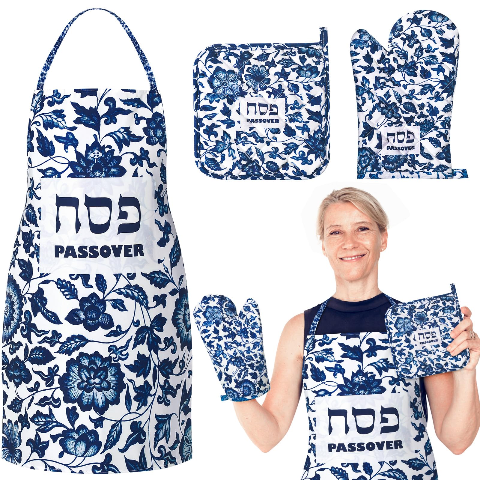 Passover Kitchen Accessories Set - Kosher Cooking Apron, Heat Resistant Pot Holder & Oven Mitt for Passover Seder - Floral Design for Holiday Cooking & Baking