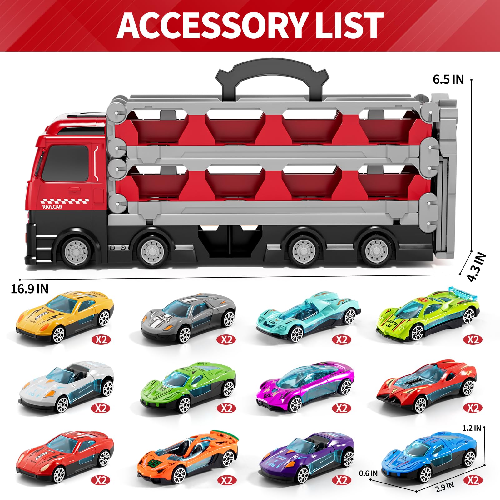 iHaHa 78-Inch Large Transport Truck Toy with 24 Die-Cast Cars - Play Vehicle Set for Kids Ages 2-7 - Perfect Gift for Boys & Girls - Red | Pretend Play, Car Storage & Travel Entertainment