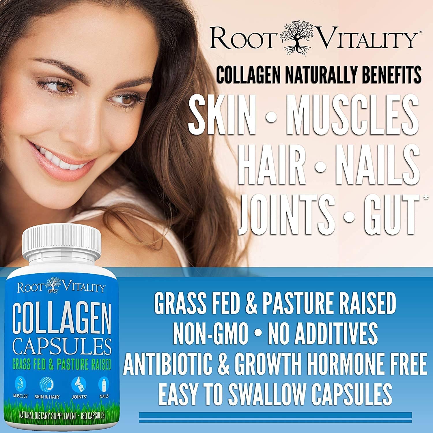Grass-Fed Collagen Peptides Capsules - Hydrolyzed Protein Supplement for Skin, Hair & Nails - Non-GMO, Sugar Free Daily Pills for Men & Women (180 Caps) - Supports Joint Health & Beauty Routine