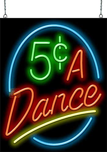 Vintage 5 Cents A Dance Neon Sign - 24x30 Inches Large Handcrafted Neon Bar Sign - Green & Red Letters with Blue Circle & Yellow Underline - Perfect for Retro Bars, Themed Parties & Home Decor