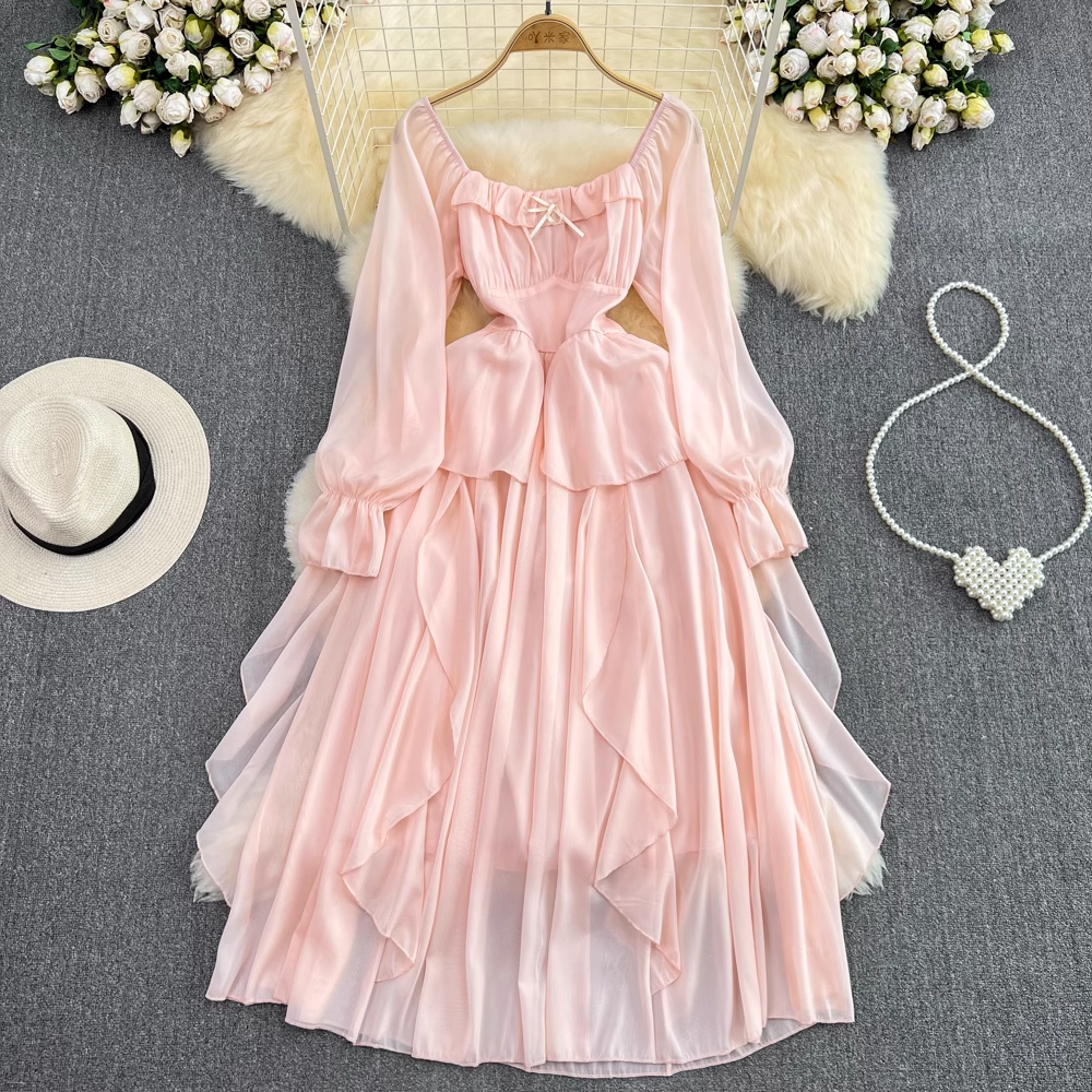 Fairy Long Sleeve Square Neck A-Line Ruffle Dress for Women | Elegant Fall Dress 1655 | Perfect for Autumn Weddings, Parties & Date Nights